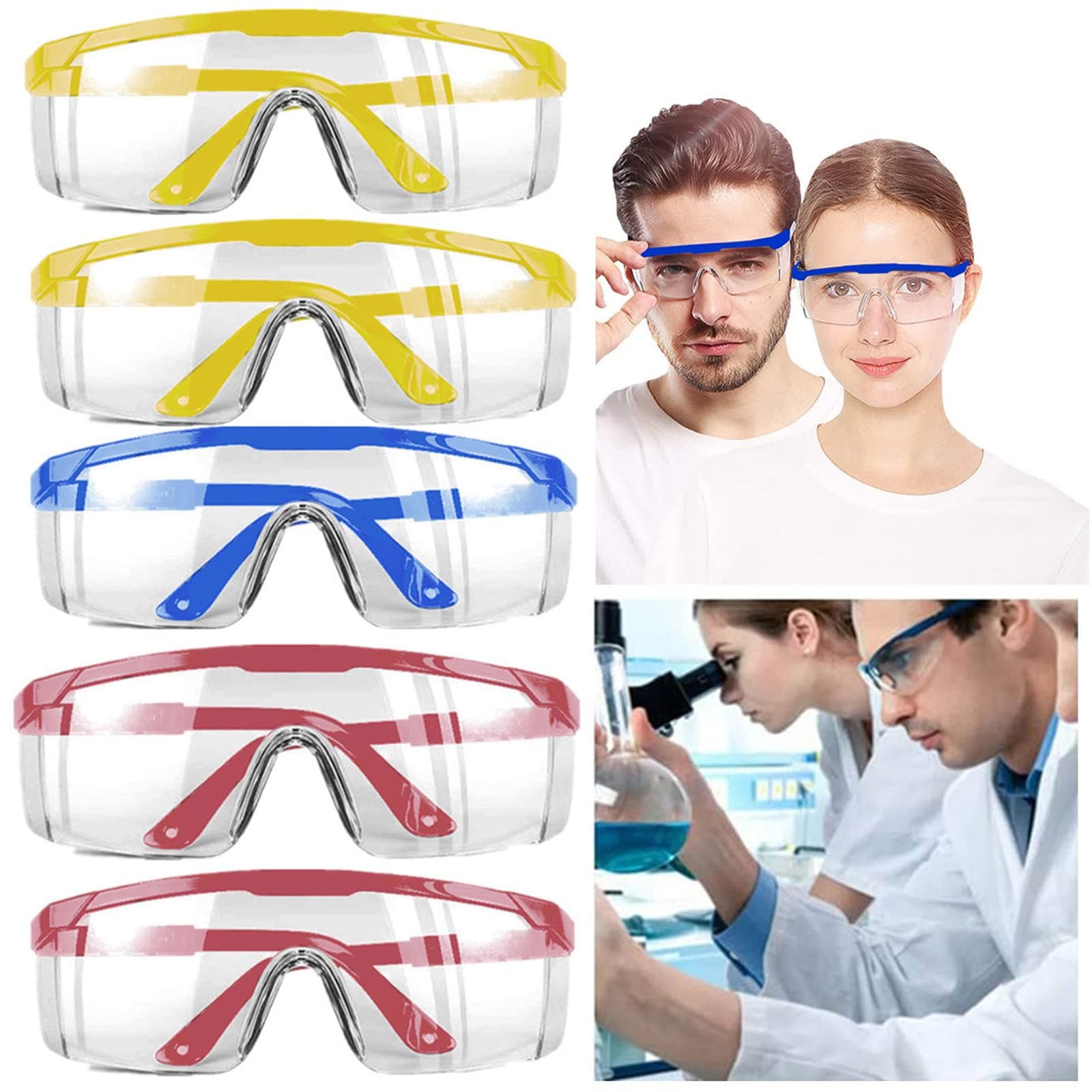 mozeeda Safety Goggles,Over Glasses Protective Glasses Eyes Protection Goggles Eyewear Clear Anti-fog/Anti-Scratch/Splash Safety Glasses Over Prescription Glasses Multiple Colour 5 PACK