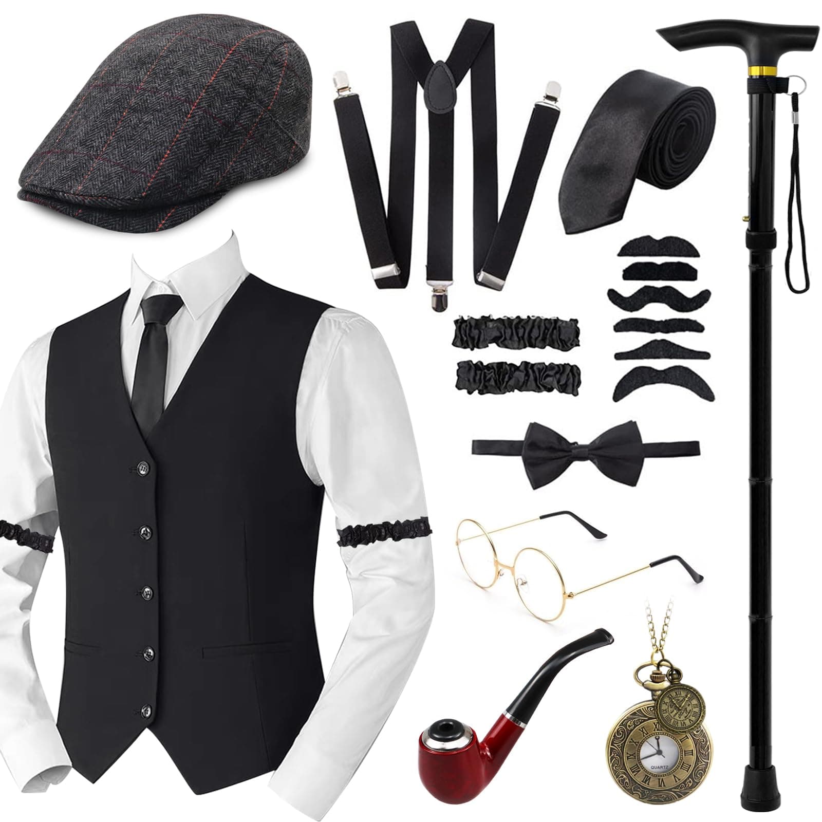 17PCS 1920s Mens Costume Gatsby Gangster Vest Roaring 20s Men's Accessories Set,1920s Mens Costume Gatsby Waistcoats Accessories Suit
