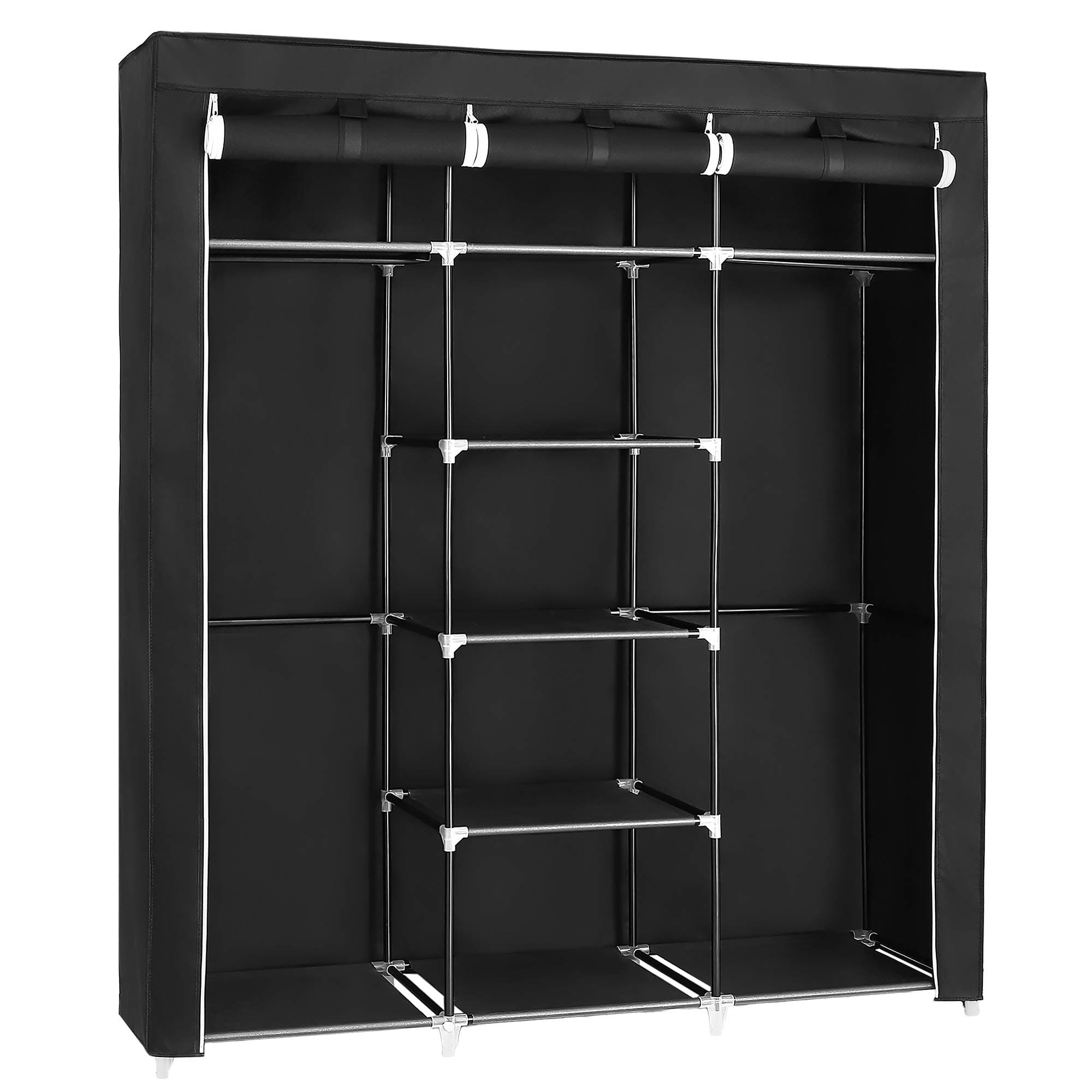 SONGMICS RYG12B Folding Wardrobe, Fabric Cabinet, Foldable Coat Rack with 2 Clothes Rails, 175 x 150 x 45 cm, Black, Canvas