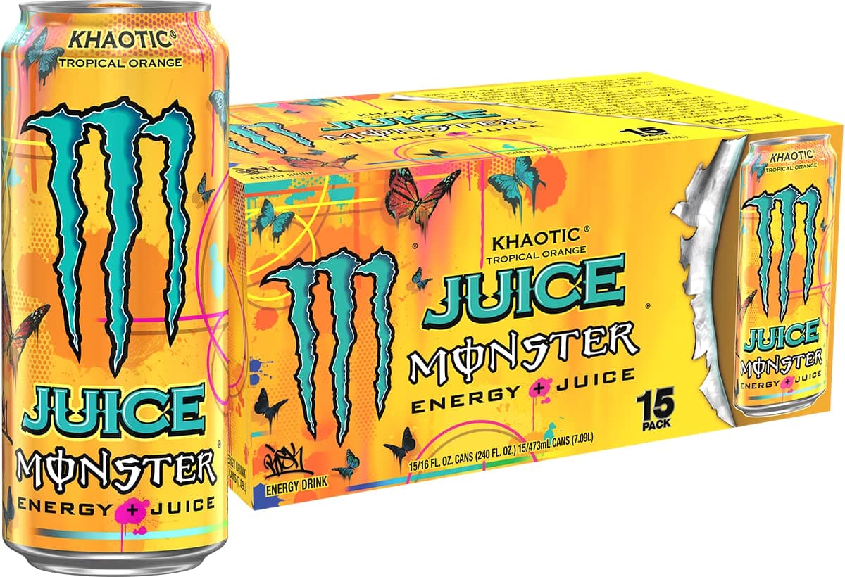 Energy Juice Monster Khaotic Tropical Orange, Energy + Juice, Energy Drink, 16 Ounce (Pack of 15)