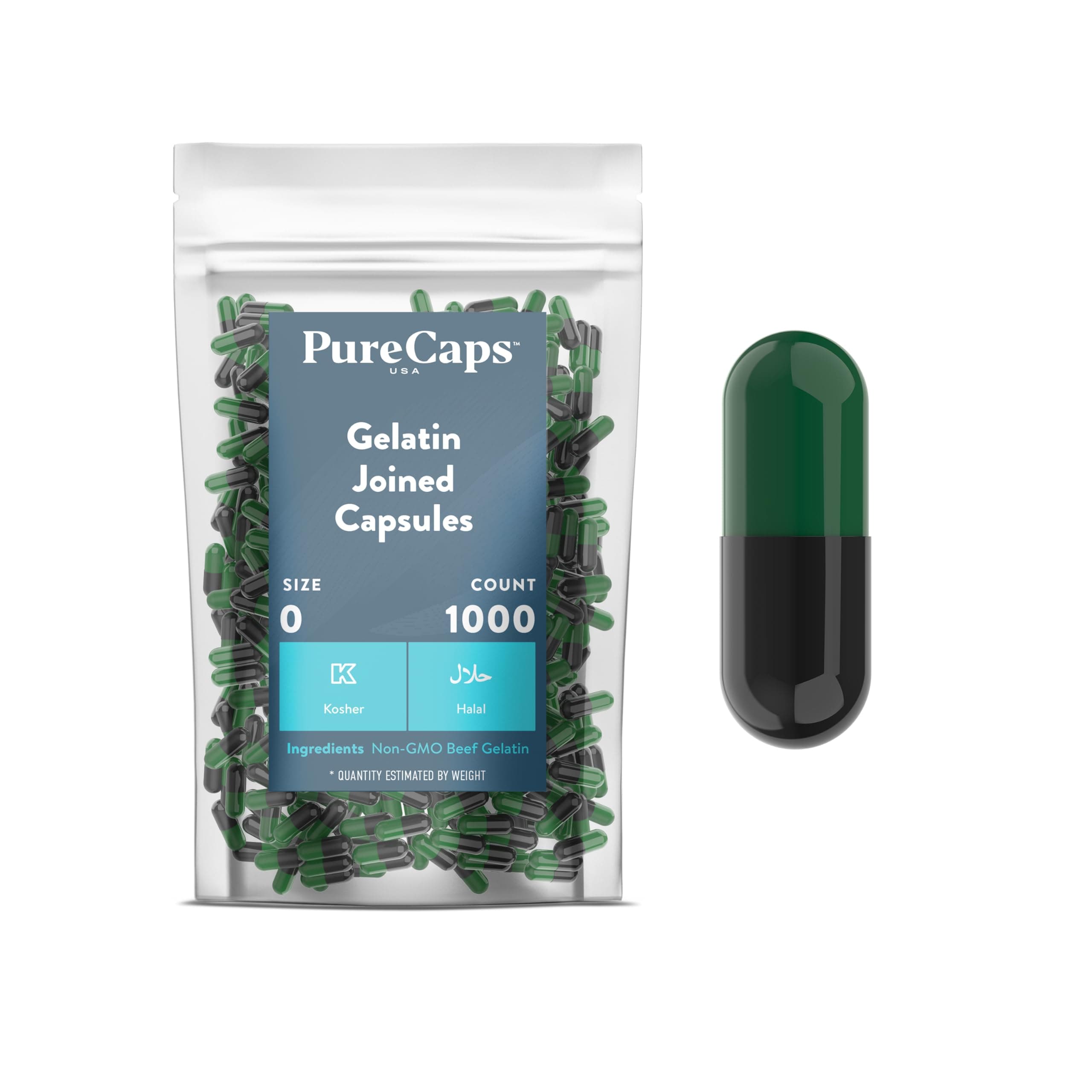 PureCaps USA - Empty Gelatin Capsules Size 0| 1,000 Joined Pills| Green/Black| Non-GMO Certified | SLS, Gluten, Preservative Free