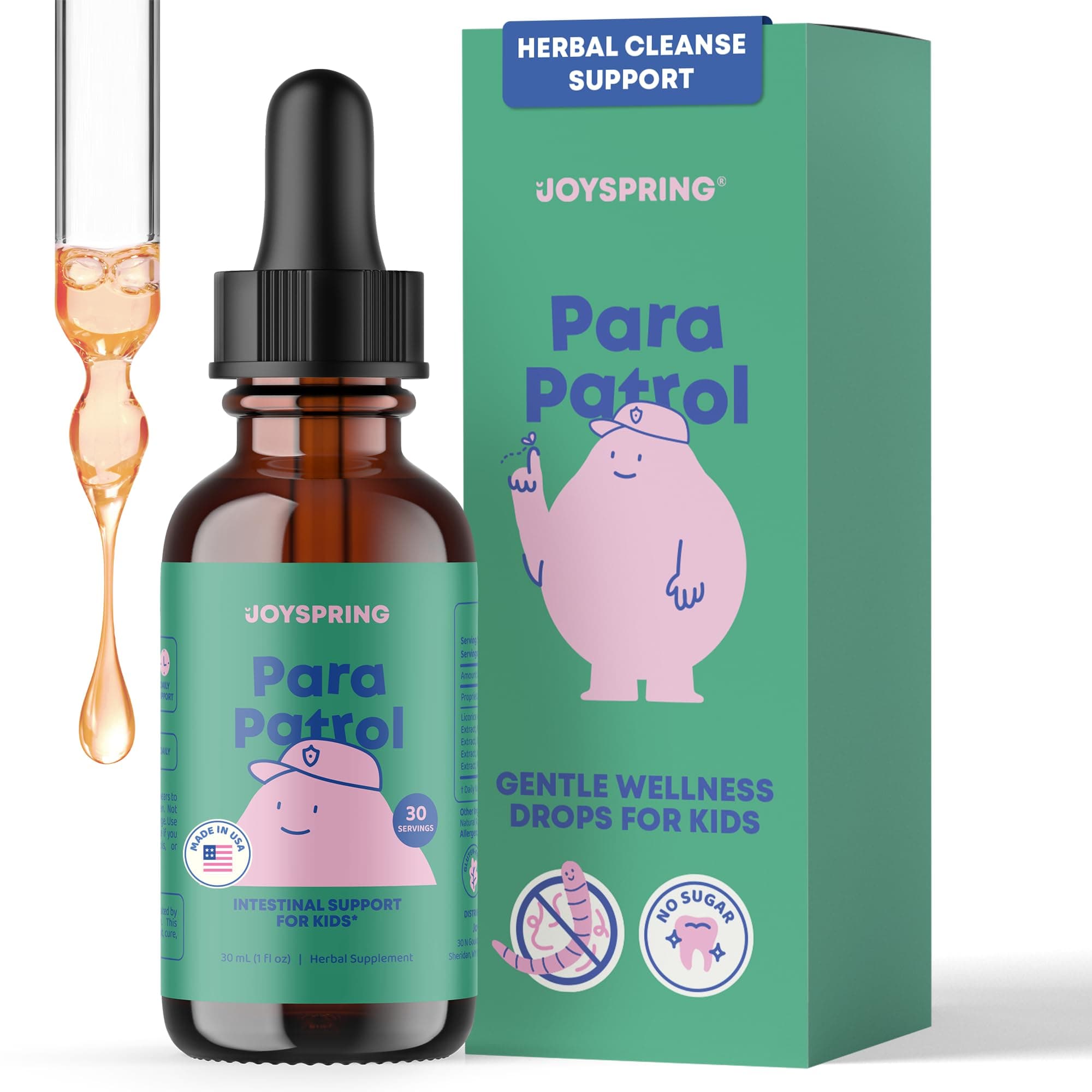 JoySpring ParaPatrol Kids’ Herbal Blend – Alcohol-Free Liquid Supplement with Black Walnut and Wormwood Extract | Supports Digestive Health | Natural Raspberry Flavor – 30 Servings