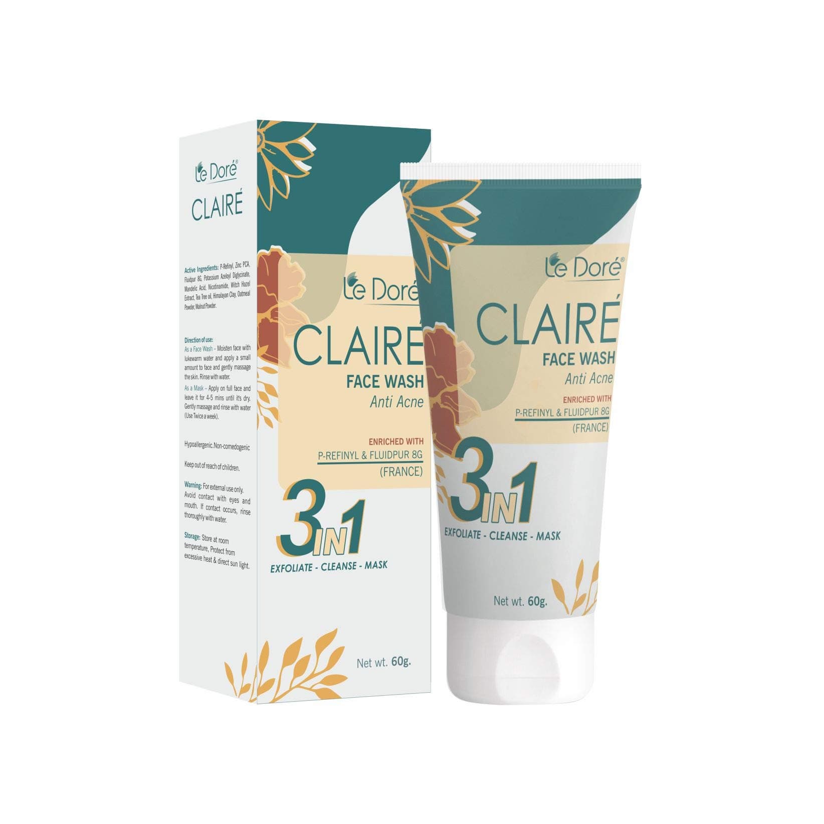 Le Dore Claire 3-in-1 Anti-Acne Clay Face Wash | With Zinc PCA, Witch Hazel, Tea Tree, Walnut Oatmeal & Himalayan Clay | Reduces Acne & Blemishes, Clears & Rejuvenates Skin | 60gm