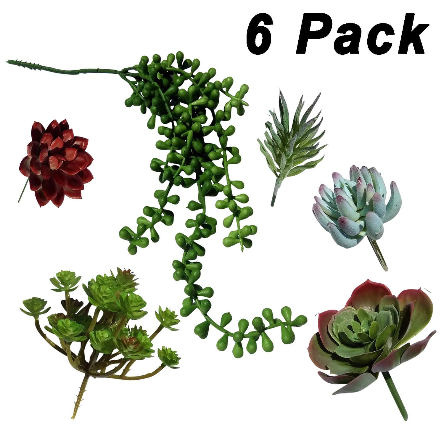 Plantastyck Artificial Succulent Plant Picks Unpotted Assorted Faux Echeveria - Fake Succulent 6 Pack in Greens & Red for Floral Arrangement Home Decor Wedding Fairy Garden Bouquet Centerpiece
