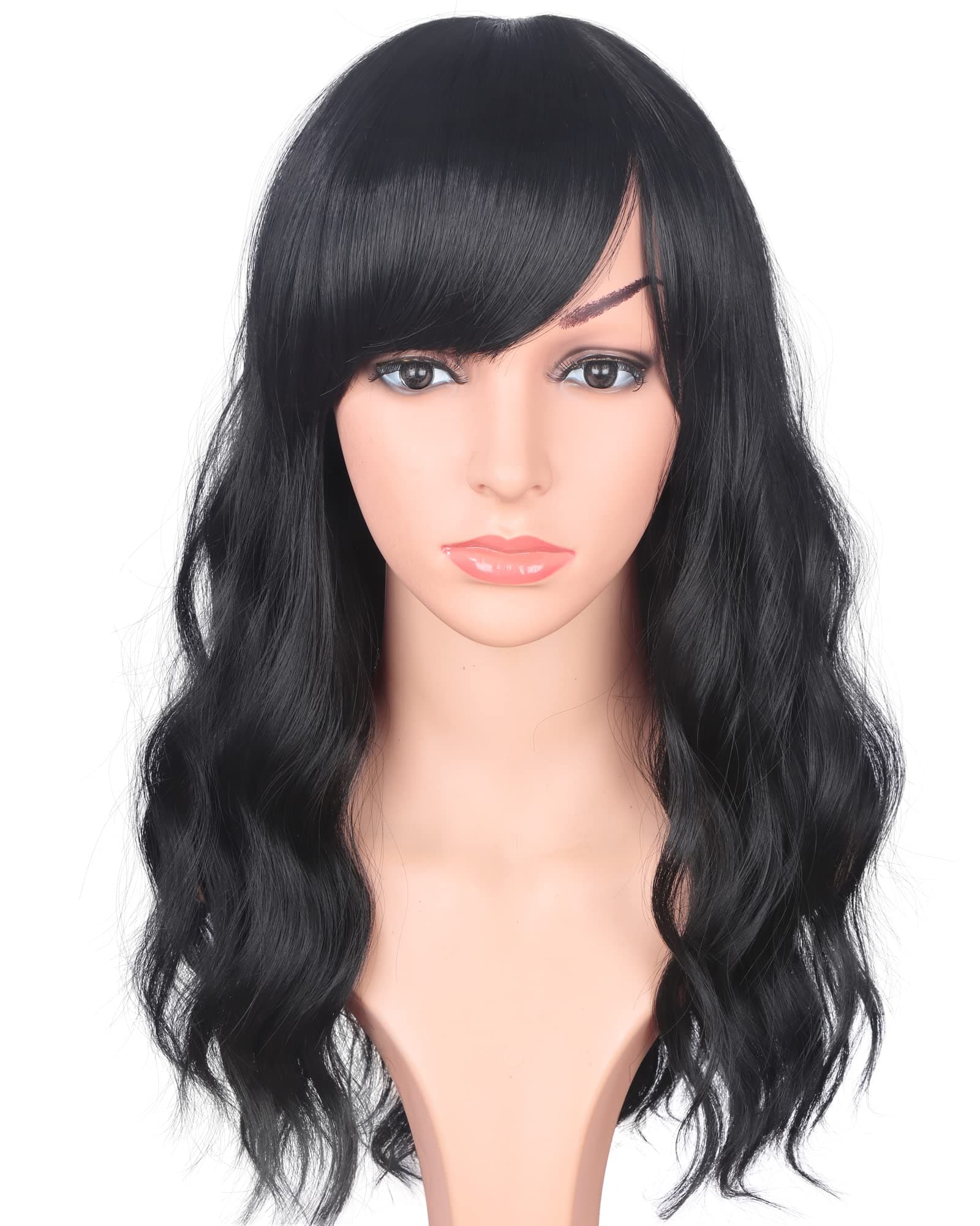 Medium Long Black Wavy Wigs For Women Synthetic Full Hair Natural Black Wigs With Side Bangs For Daily Use 16 Inches (NATURAL BLACK(1#))