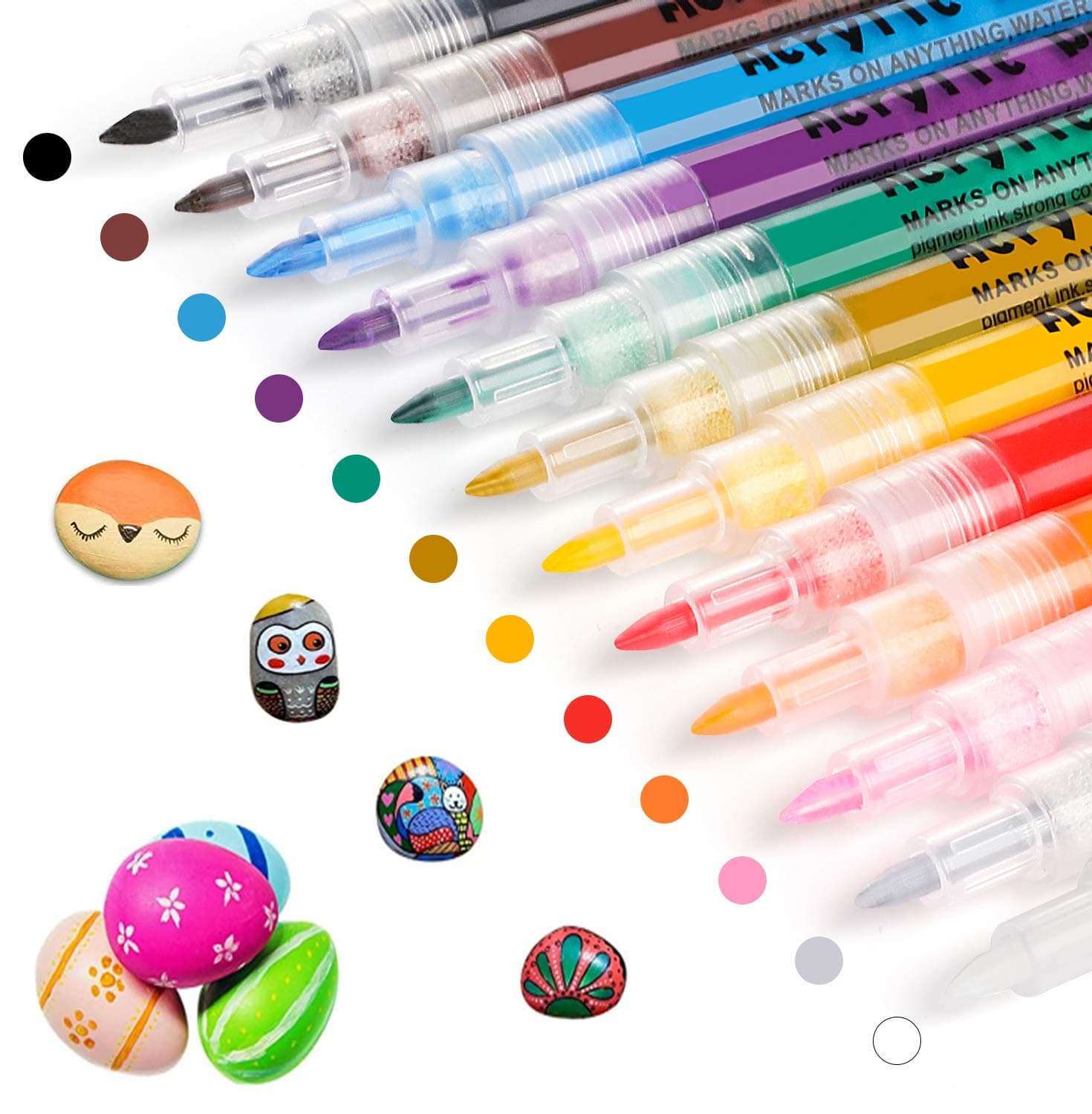 RATEL Acrylic Paint Pens, 12 Colors Paint Pens Marker Pen for Rock Painting, 0.7mm Fine Tip Waterproof Permanent Pen for Glass,Ceramic, Fabric,Wood, Easter Egg, Kids,Craft Scrapbook Card Making
