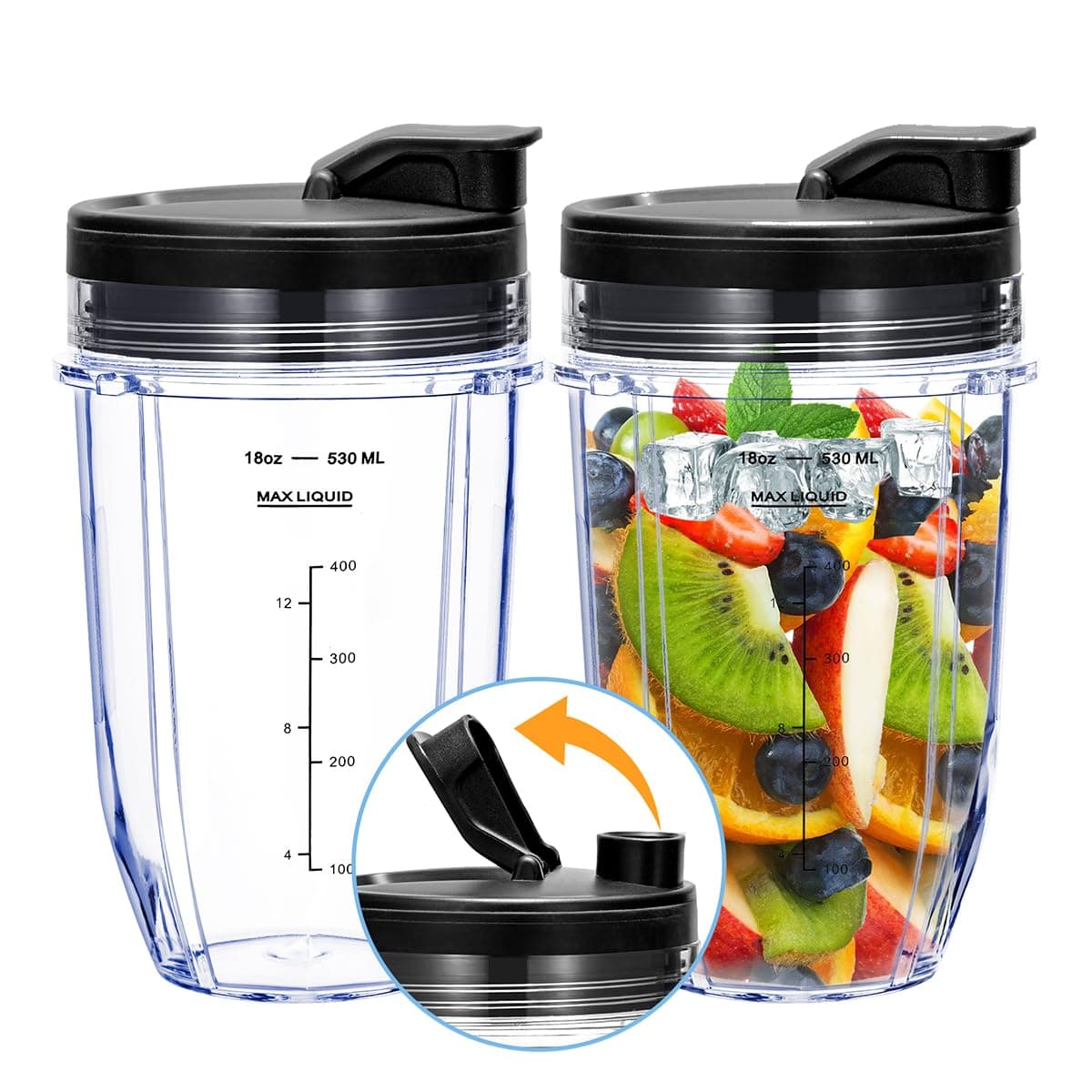 Replacement 18oz Blender Cup with Sip & Seal Lid For Nutri Ninja BL450 BL456 BL480 BL482 BL640 BL642 BL682 BN401 BN751 BN801 Foodi SS101 SS151 SS351 SS401 SS400 Ninja Blender Auto IQ Blade, 2-Pack