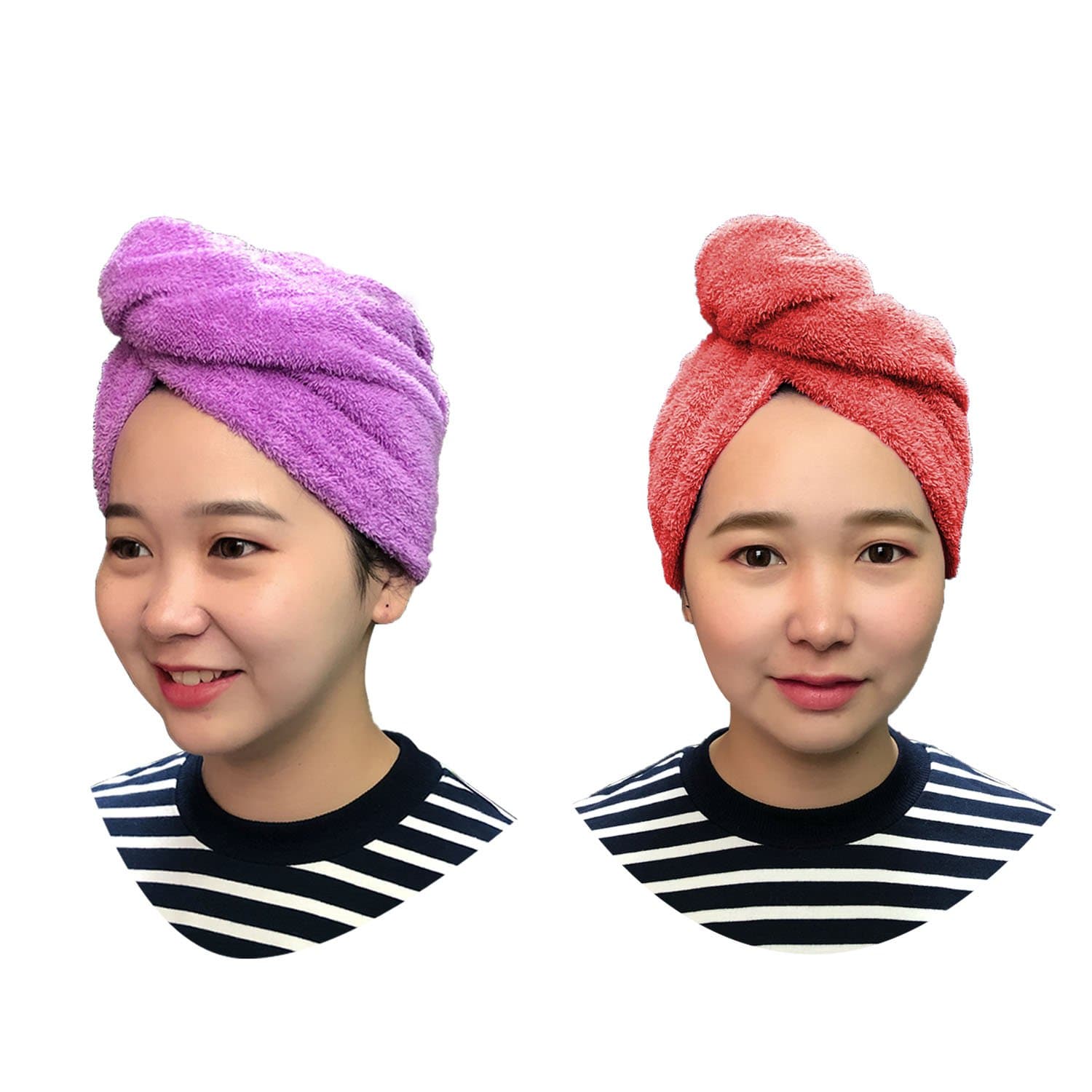 Hair Drying Towels - Microfiber Hair Towel Fast Dry Hair Wrap Ultra Absorbent Turban Microfiber Towel with Elastic Loop for All Hair Styles 2 Pcs (Pink and Purple)