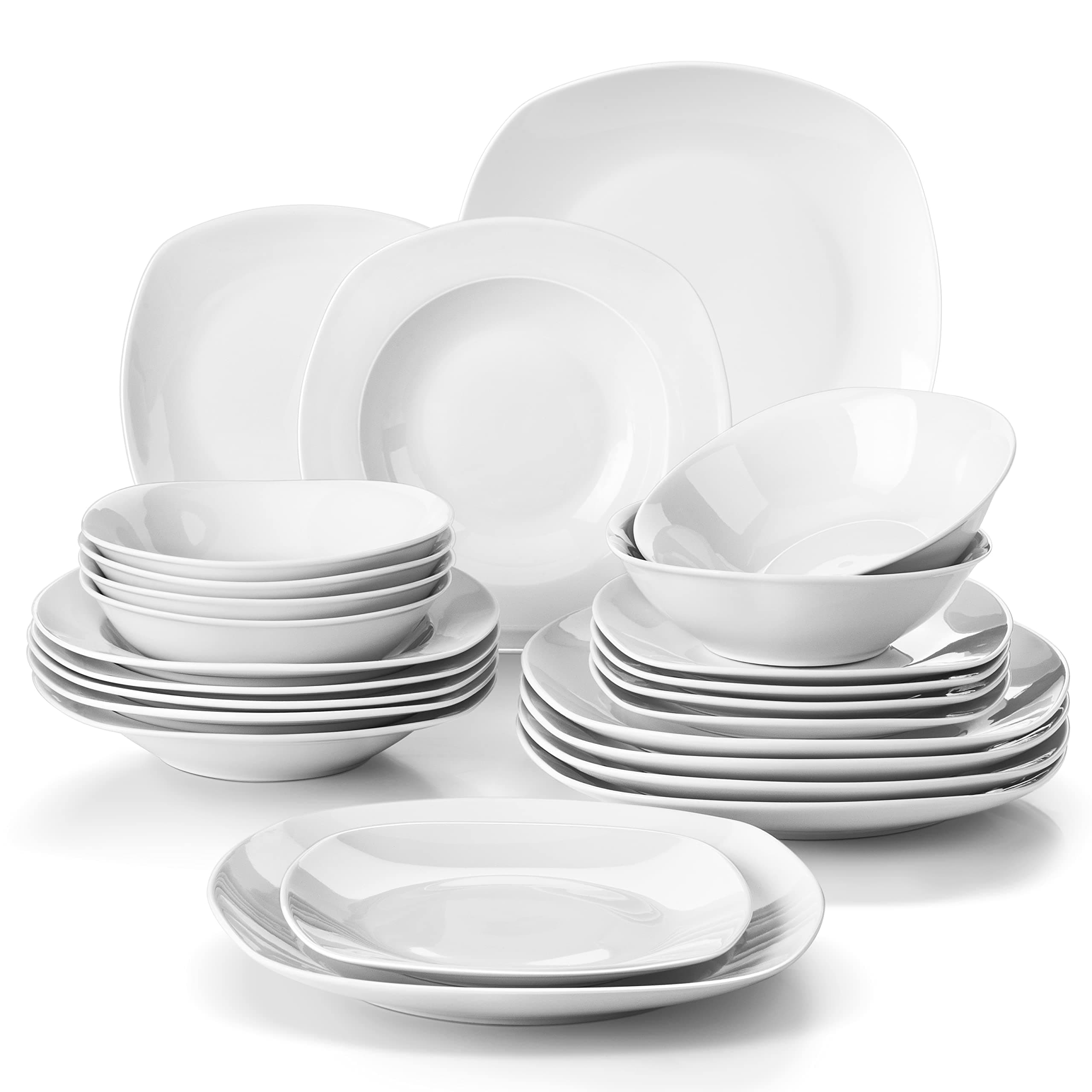 MALACASA Dinnerware Sets, 24-Piece Porcelain Dinnerware Set Plates and Bowls Sets, Gray White Square Dishes Dinner Sets for Dessert, Salad and Pasta, Modern Dish Set for 6, Series Elisa