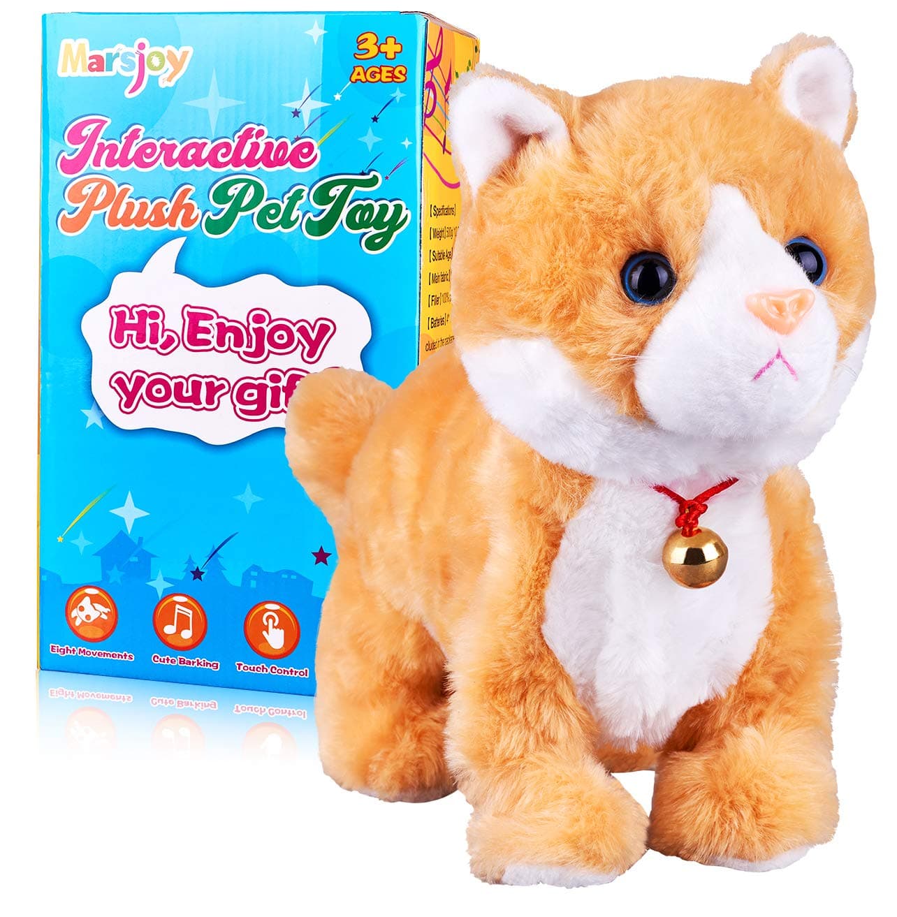 Marsjoy Yellow Plush Cat Stuffed Animal Interactive Cat Robot Toy, Barking Meow Kitten Touch Control, Electronic Pet Cat Kitty Toy, Animated Toy Cat for Girl Kid L:12" * H:8" * W:5"