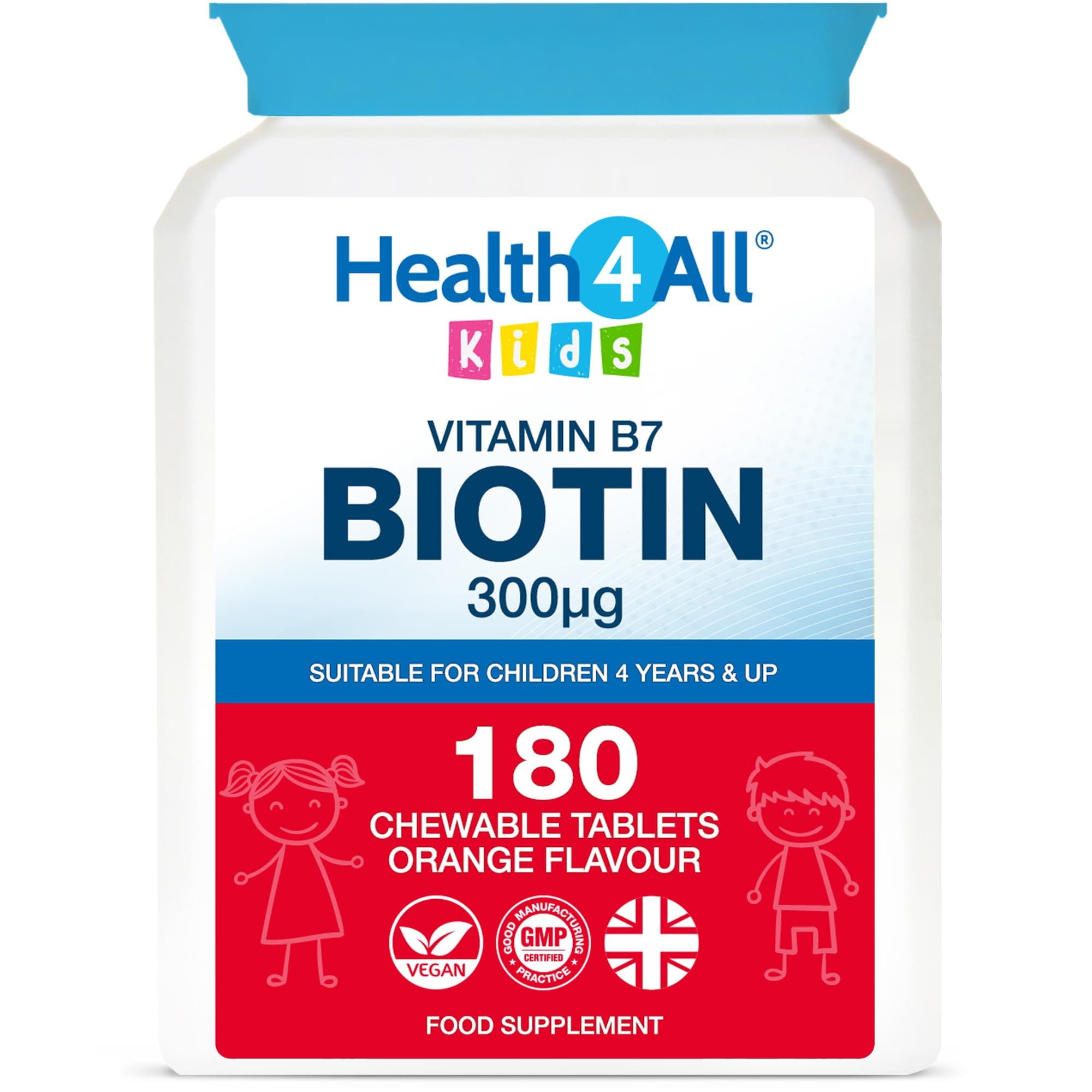 Kids D-Biotin 180 Chewable Tablets 6 Months Supply, Hair Growth and Strong Nails Supplement for Children 4+, Natural Vegan Orange Flavour, Sugar Free | Made in UK (not Gummies)