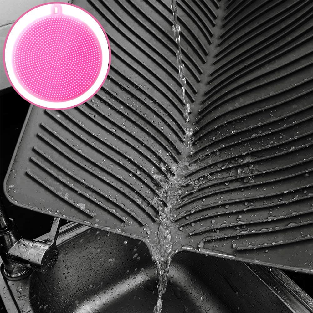 Dish Drying Mat, Extra Large Silicone Draining Board Mats with Silicone Scrubber, Collapsible Kitchen Counter Sink Drainer Matt Non-Slip, Heat Resistant Trivet Mat, Dishwasher Safe - Black