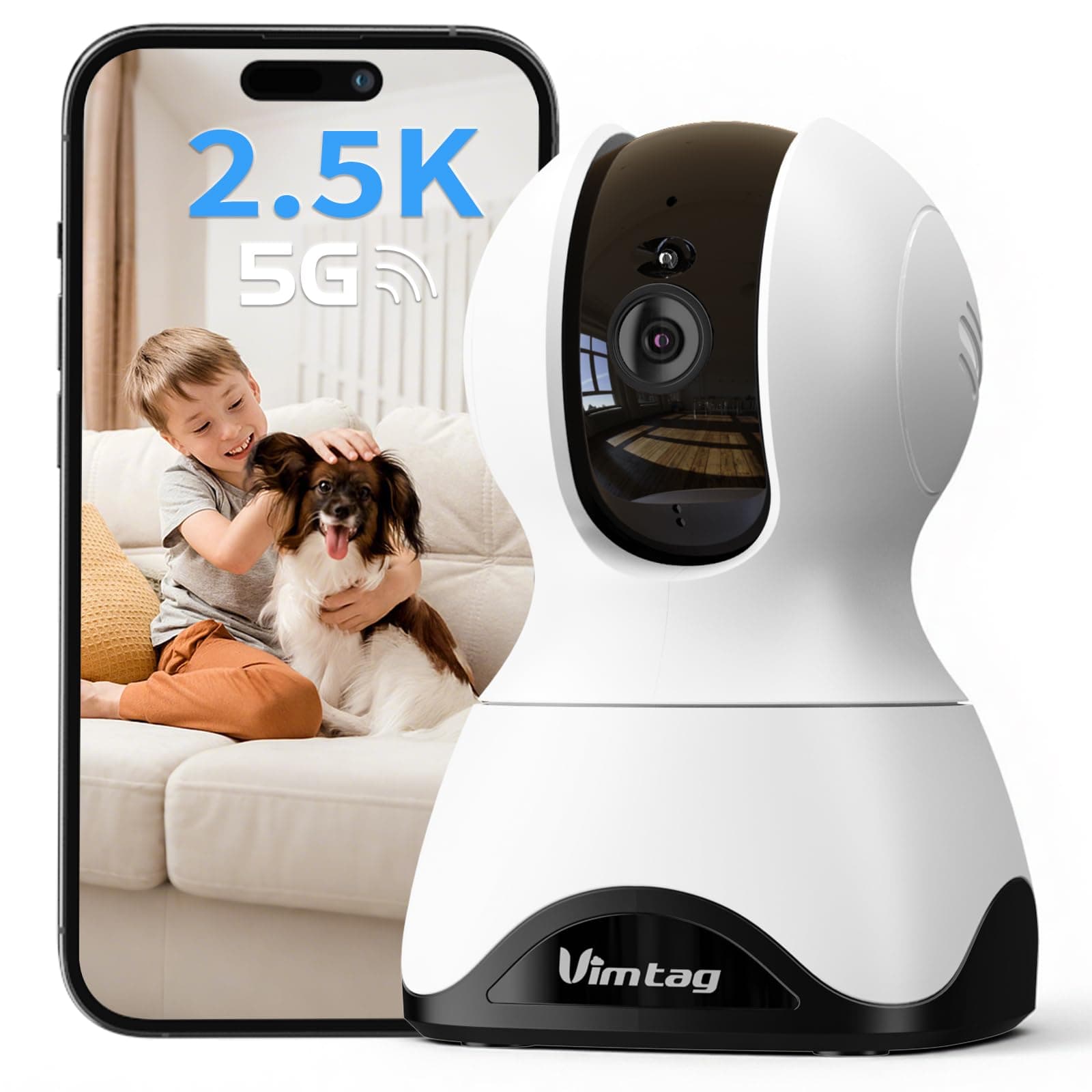 VIMTAG 4MP Pan/Tilt Indoor Camera for Pet/Dog/Cat/Baby/Nanny, Security Camera for Home/Room with Phone App, 5G/2.4G WiFi, Night Vision, 2-Way Audio, Motion Tracking, AI Detection Alarm, Works w/Alexa
