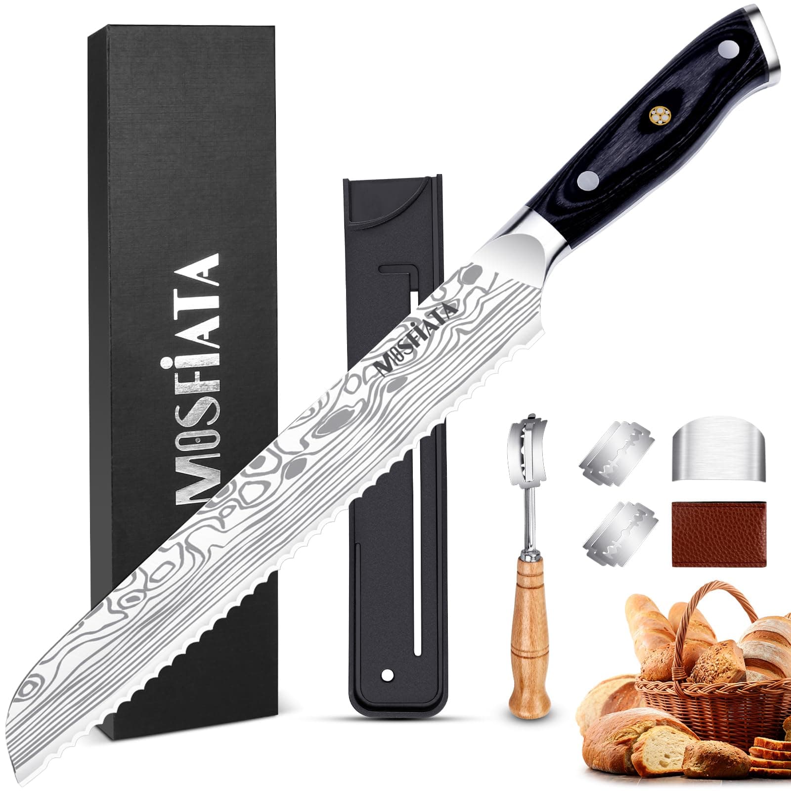 Professional Serrated Bread Knife - 8 inch High Carbon Stainless Steel Japanese Sharp Blades - Bread Cutter with Cover - Full Tang Wooden Handle Cake Bread Knife