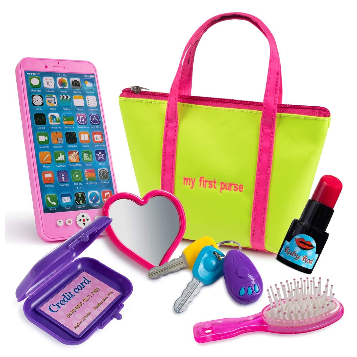 My First Purse - Kids Pretend Toy Hand Bag Includes Play Phone Keys Mirror Hairbrush Wallet Credit Card Lipstick - Great Gift Set for Girls, Boys, Toddlers & Preschools