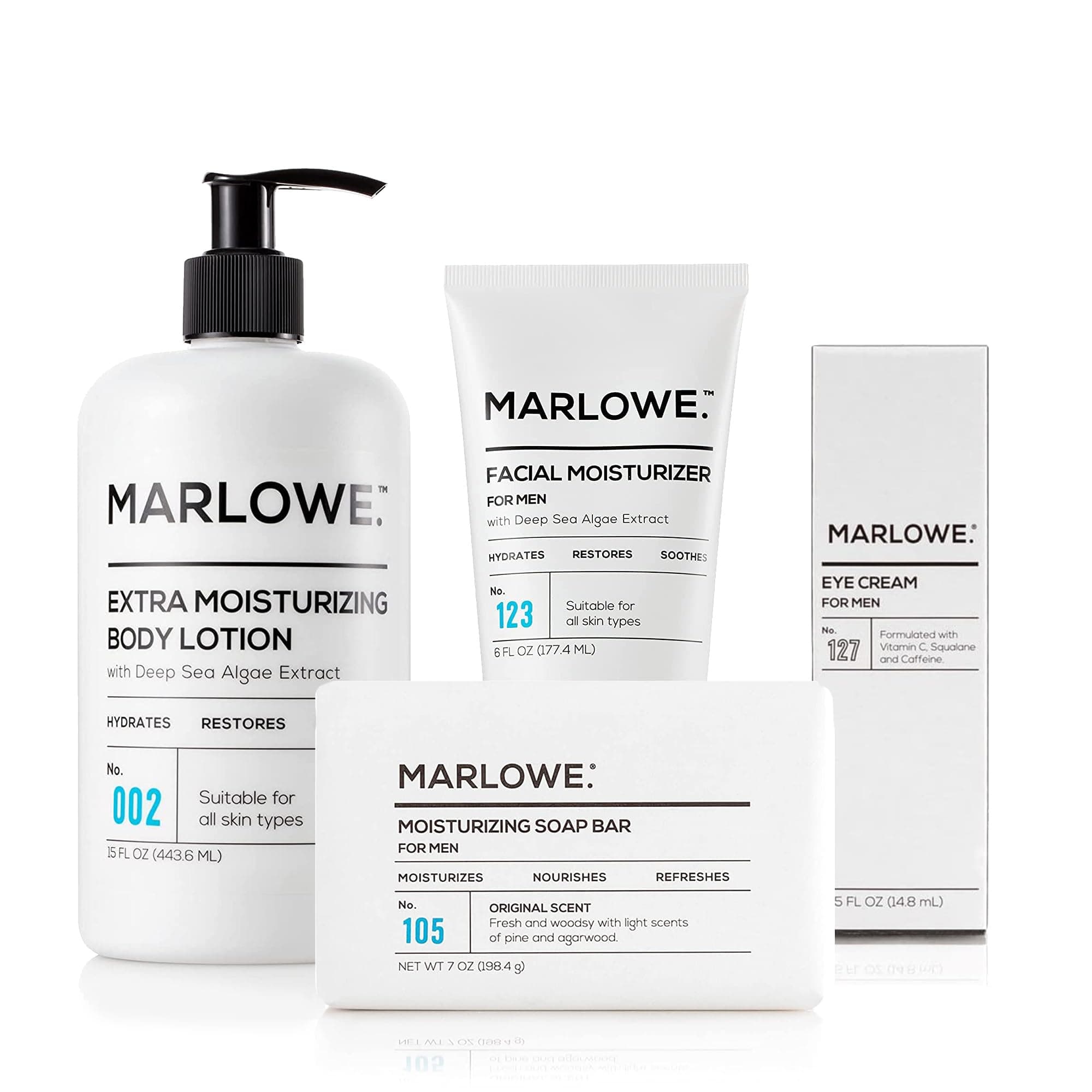 MARLOWE. No. 123 Men's Facial Moisturizer 6 oz | MARLOWE. 002 Extra Moisturizing Body Lotion 15 oz | MARLOWE. No. 108 Polishing Soap Bar | MARLOWE. No. 127 Mens Eye Cream
