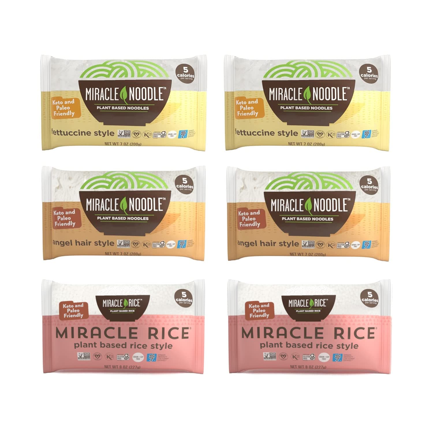 Miracle Noodle Variety Pack (Fettuccine, Angel Hair & Rice) - Shirataki Noodles, Shirataki Rice, Keto Pasta, Vegan, Gluten-Free, Low Carb, Paleo, Konjac Noodles/Rice - 2 Bags of Each, 6-Pack