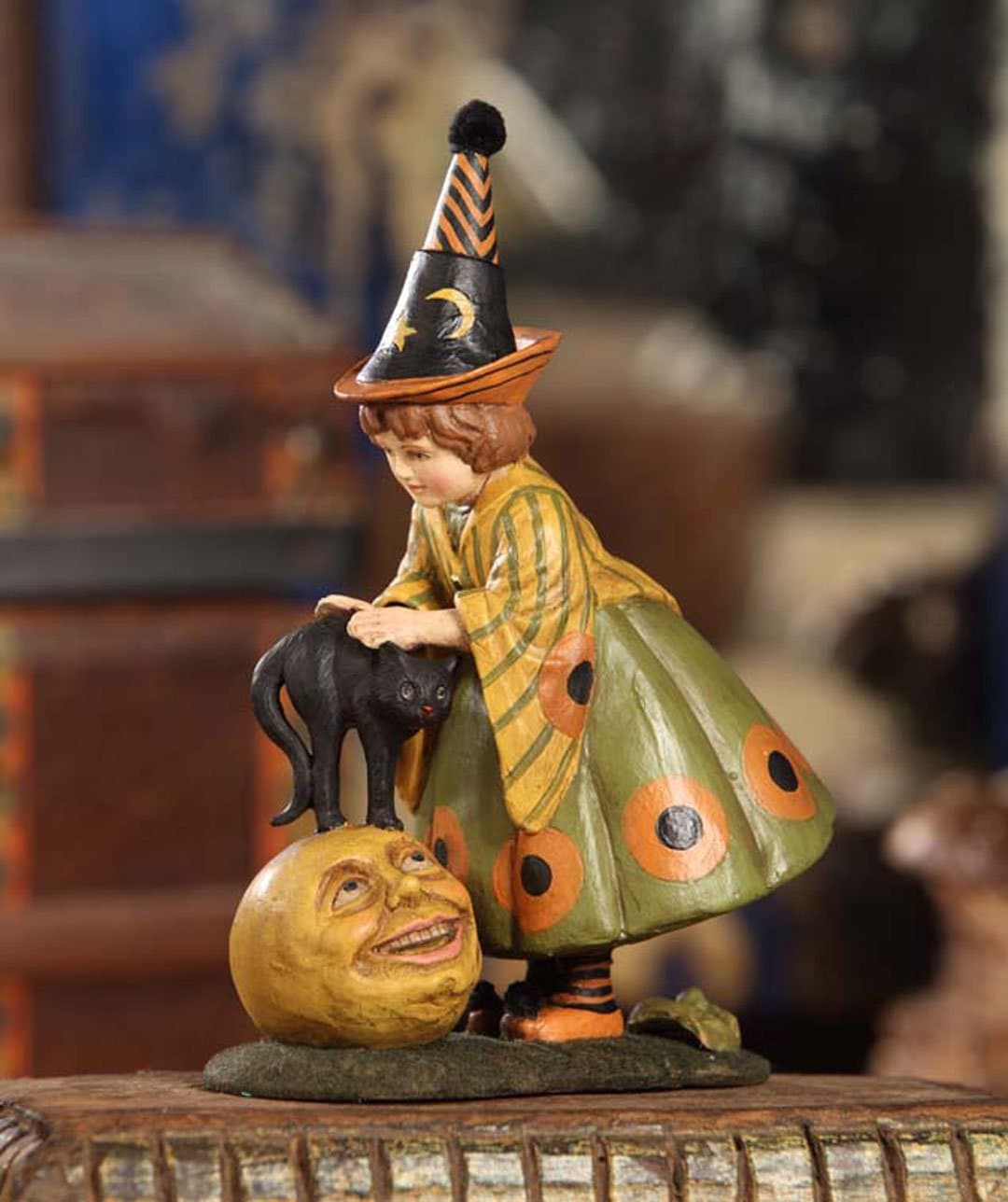 "Little Witch with Cat on a Moon" Halloween Figurine