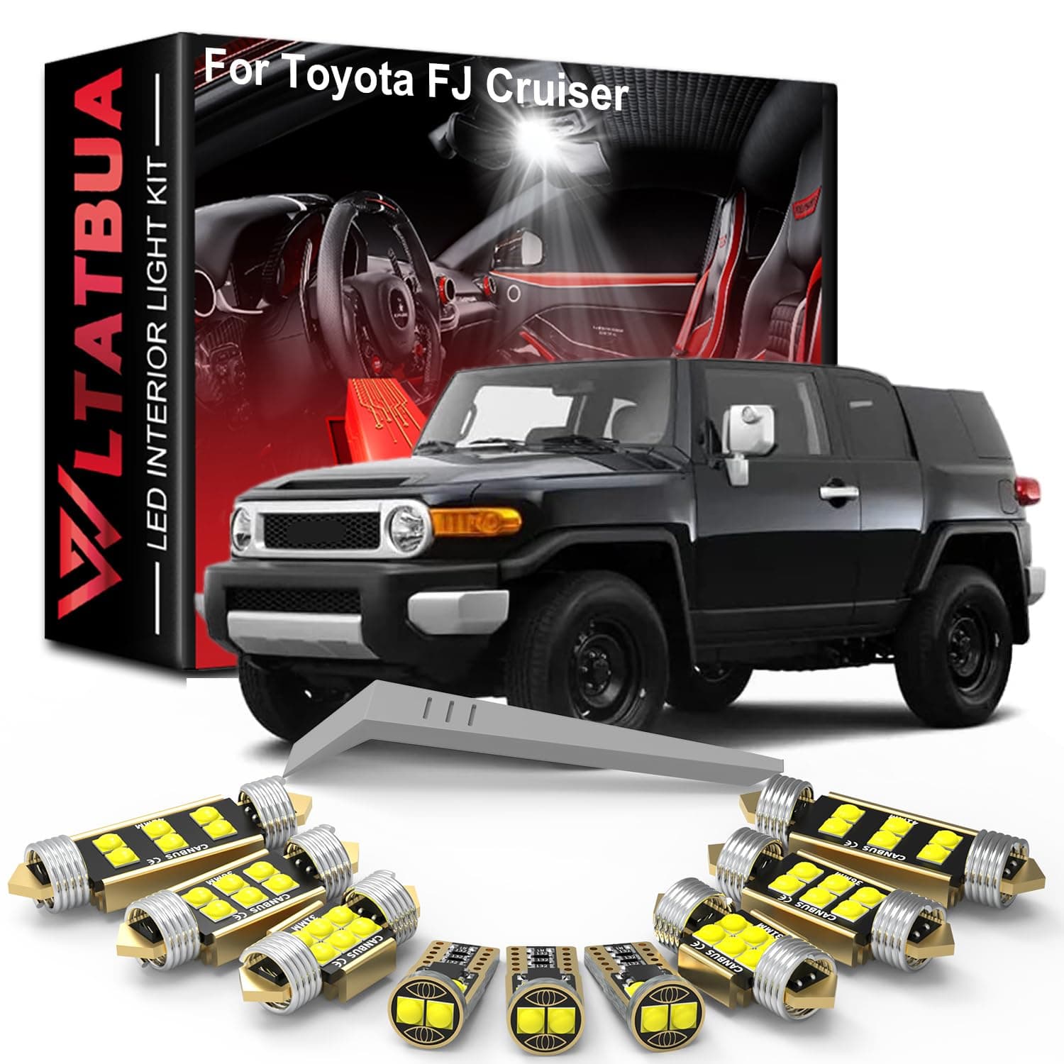 LED Interior Light Kit Package Replacement for Toyota FJ Cruiser 2006 2007 2008 2009 2010 2011 2012 2013 2014 2015, Super Bright 6000K White License Plate Bulbs + Install Tool