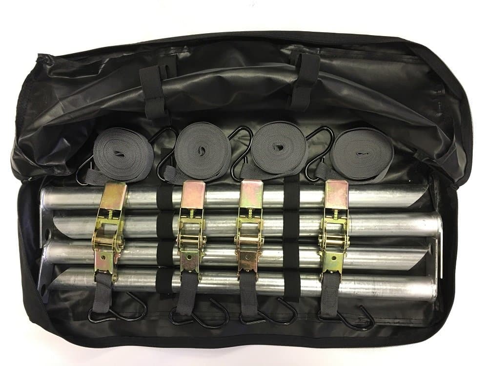 Safety Pack (Including 4 Storm Pegs, 4 Ratchets, and 4 Tie-Down Straps) - Heavy Duty Steel Tent Stakes, Versatile Ground Spikes to Anchor Party Event Wedding Tents, and Outdoor Camping Tent