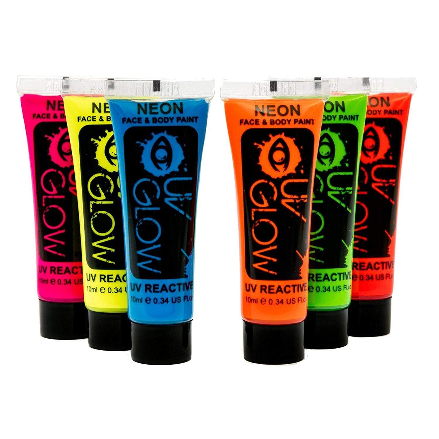 Neon Face and Body Paint Set of 6 Tubes - Fluorescent - Brightest glow under UV!