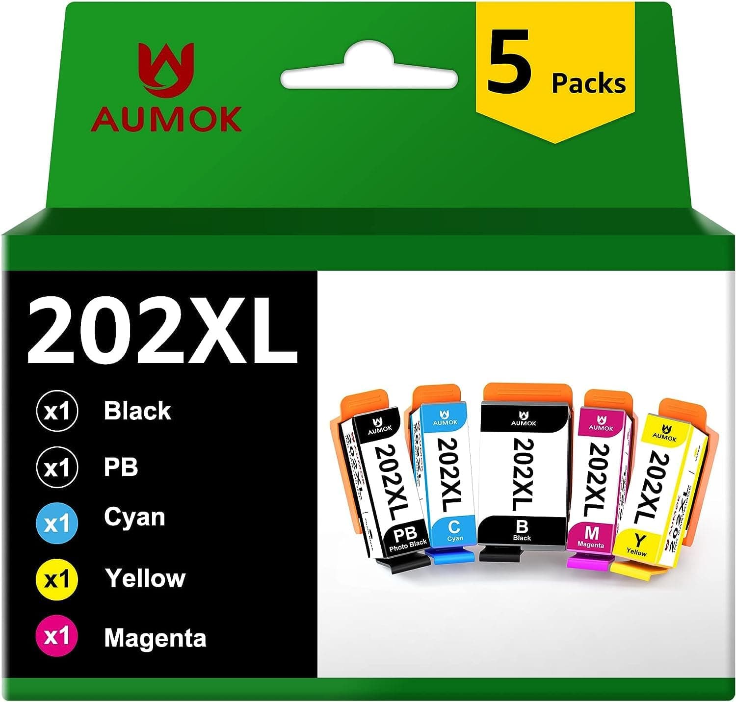 AUMOK 202XL Ink Cartridges Compatible for Epson 202-XL Work with Expression Premium XP-6000 XP-6005 XP-6100 XP-6105 Printer (1 Photo Black, 1 Black, 1 Cyan, 1 Yellow, 1 Mangenta, 5-Pack)