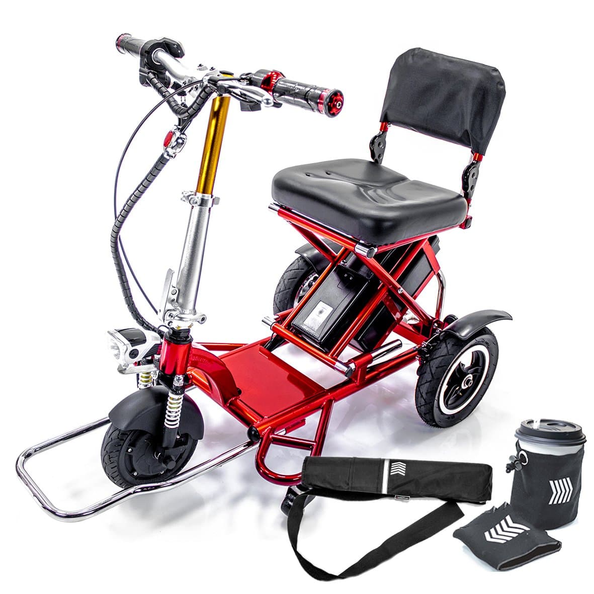 TRIAXE SPORT Foldable Electric Mobility Scooter + Cane & Cup Holder - RED