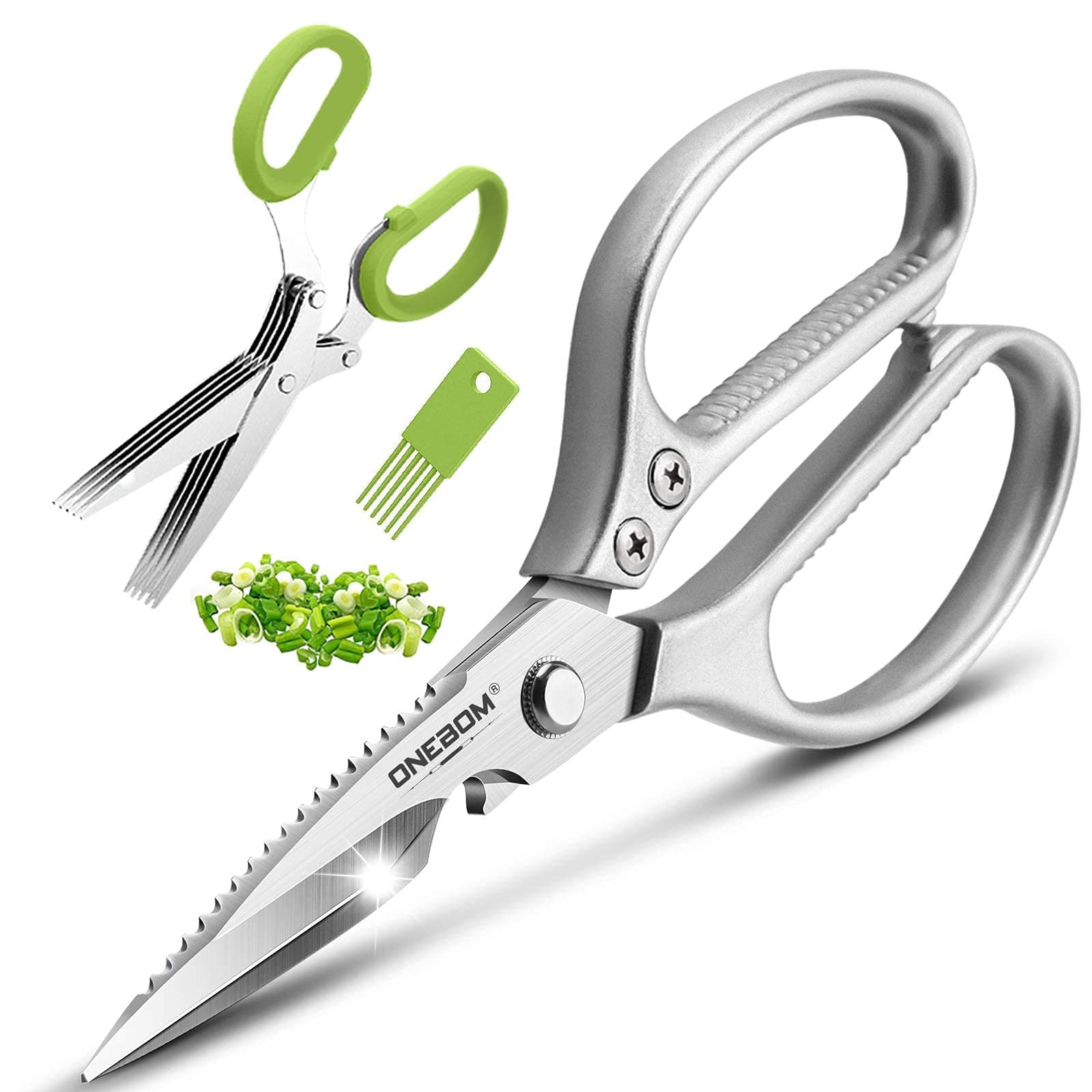 ONEBOM Kitchen Shears 2 Pack,Multi-Function Kitchen Scissors Heavy Duty Sharp 304 Stainless Steel, Apartment Kitchen Accessories Cooking Shears for Chicken,Meat,Fish,Poultry(Sliver)