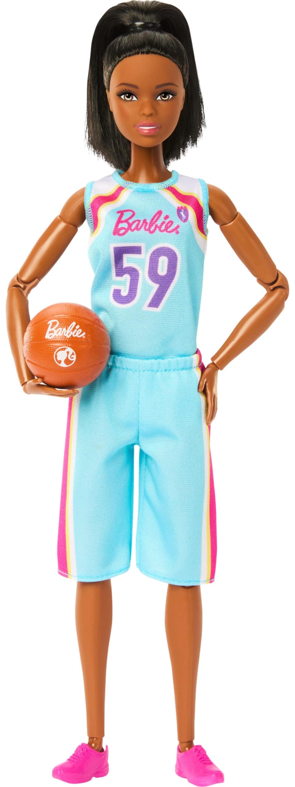 Barbie Made to Move Doll & Accessories, Brunette Basketball Player Wearing Removable Uniform with Ball, 22 Bendable Joints