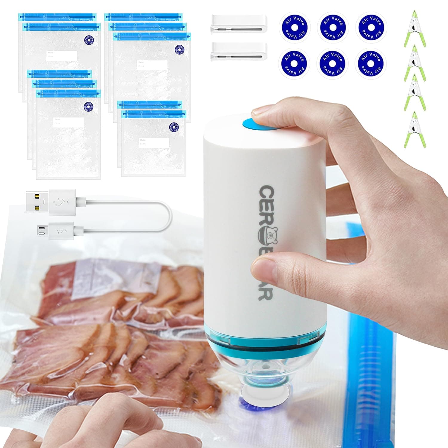 Handheld Vacuum Sealer, Portable Vacuum Sealer for Food, Save Sealer Food Vacuum Kit with 10 Reusable Sous Vide Bags
