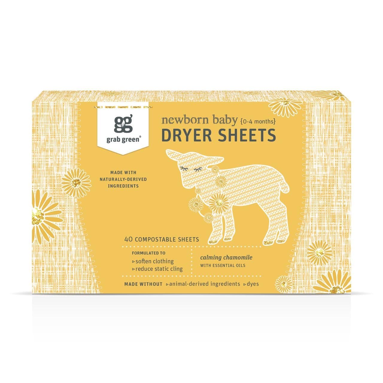 Grab Green Newborn Baby Dryer Sheets, 40 Sheets, Chamomile Scent, Plant and Mineral Based, Compostable, Softens Clothing and Linens, Reduces Static Cling