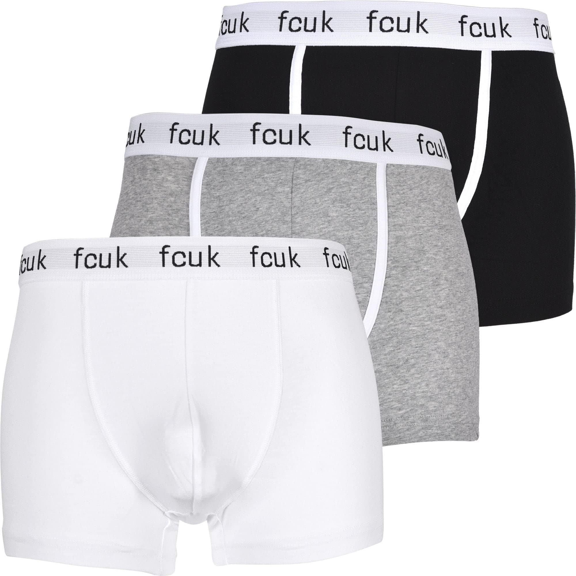 French Connection 3-Pack FCUK Contrast Piping Men's Underwear Boxer Trunks, Black/White/Grey Medium