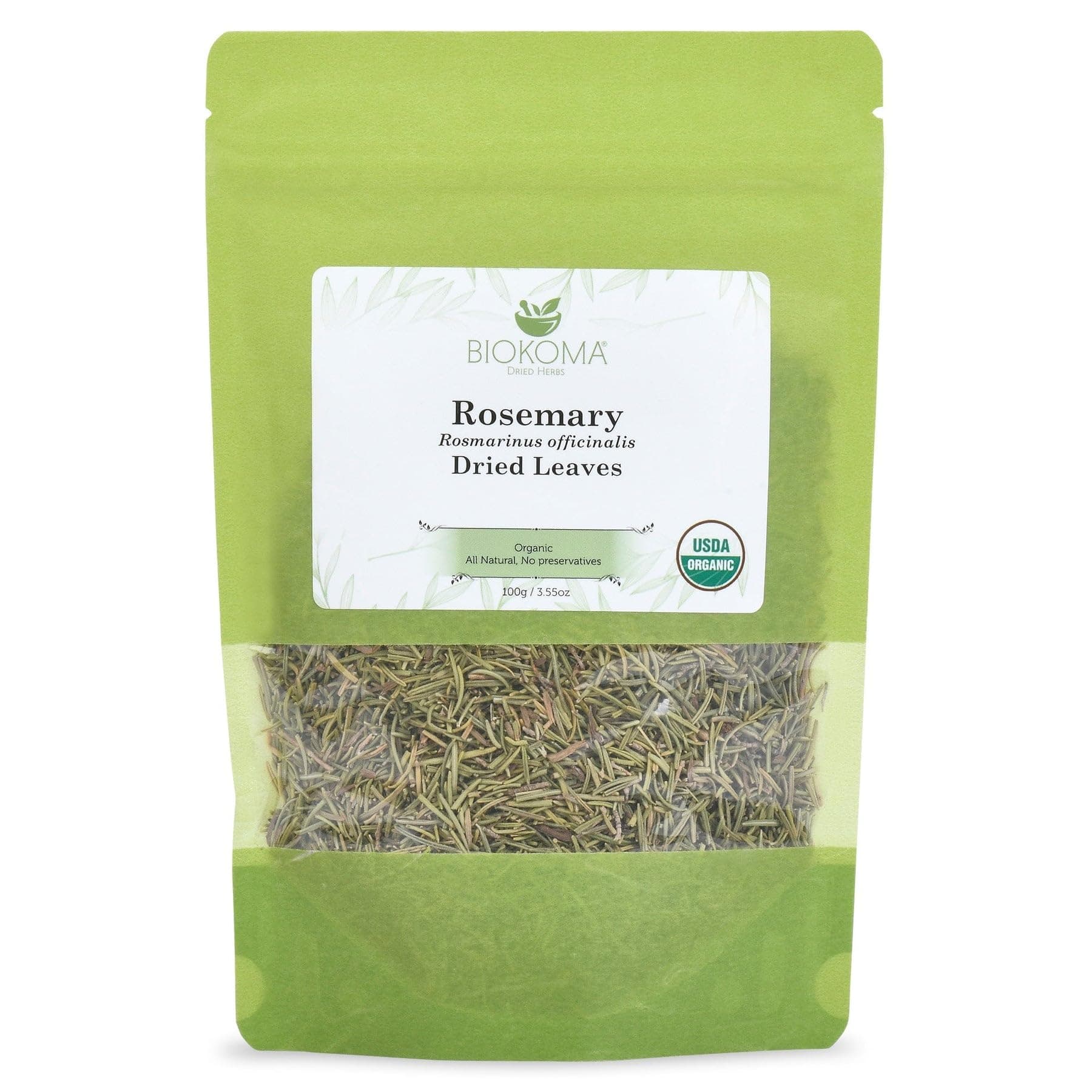 Biokoma Organic Rosemary Leaves 100g 3.55oz Dried Cut & Sifted Rosmarinus Officinalis Culinary Herb USDA Organic Herbal Tea Resealable Moisture Proof Pouch No Additives No Preservatives No GMO Kosher