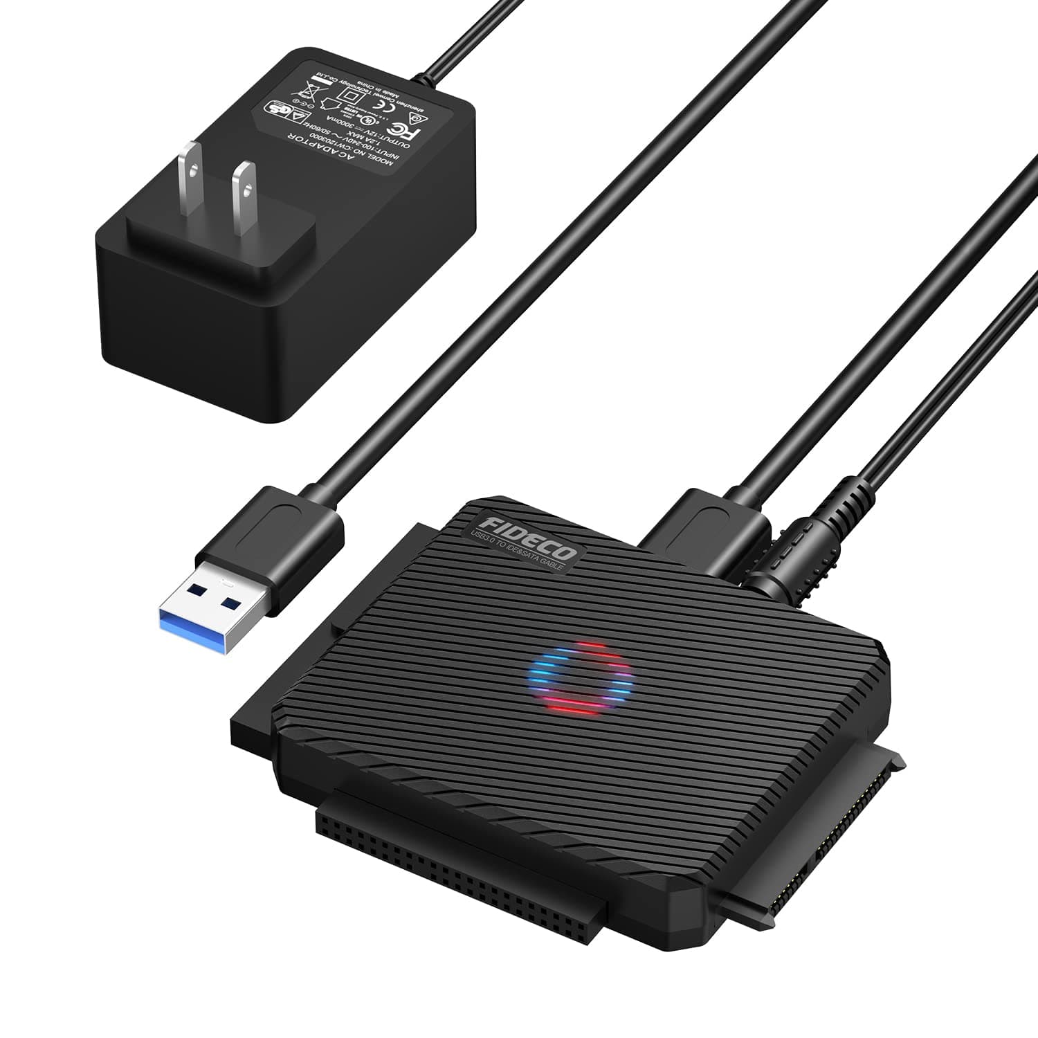 FIDECO USB 3.0 to SATA or IDE Adapter, Hard Drive Adapter for 2.5 inch or 3.5 inch SATA or IDE HDD SSD, Hard Drive Reader with 12V Power Supply