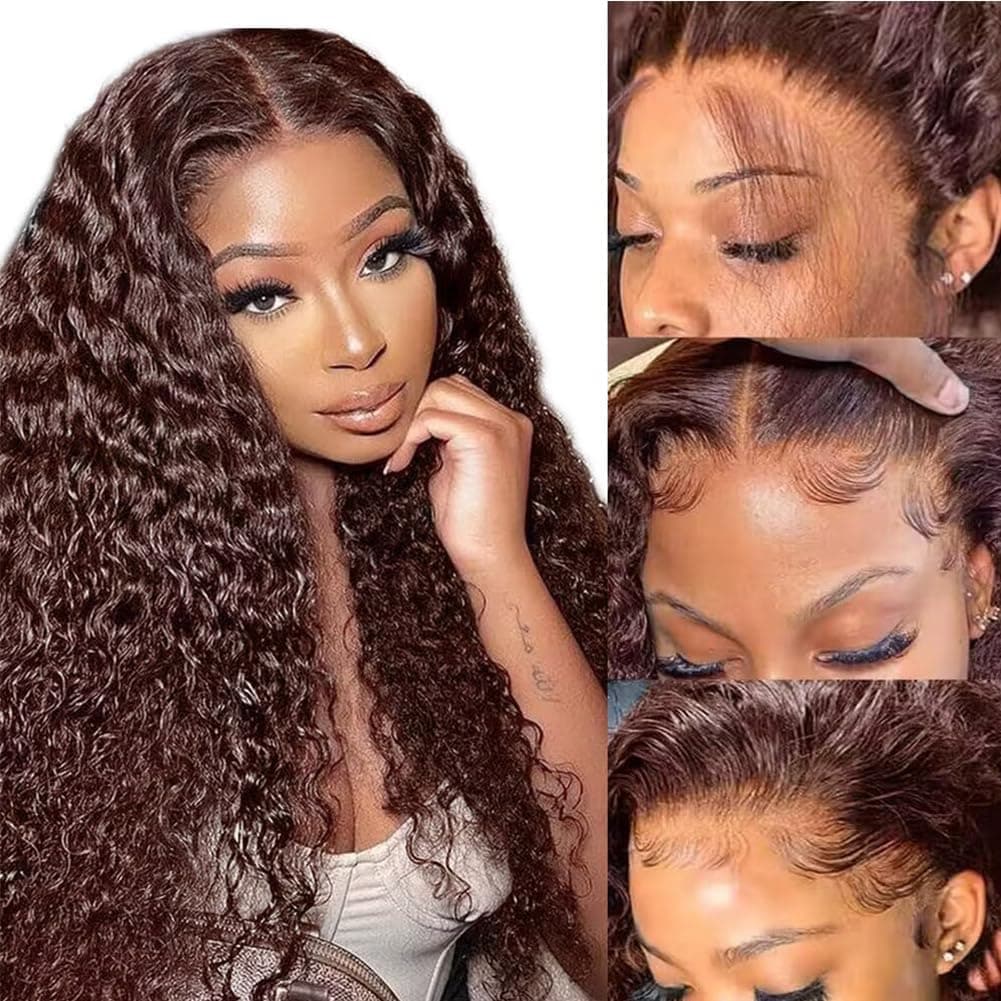 30 inch Chocolate Brown HD Lace Front Wigs Human Hair 180% Density 13x4 Water Curly Lace Front Wigs Human Hair Pre Plucked Glueless Wigs Human Hair for Black Women (30Inch, Brown)