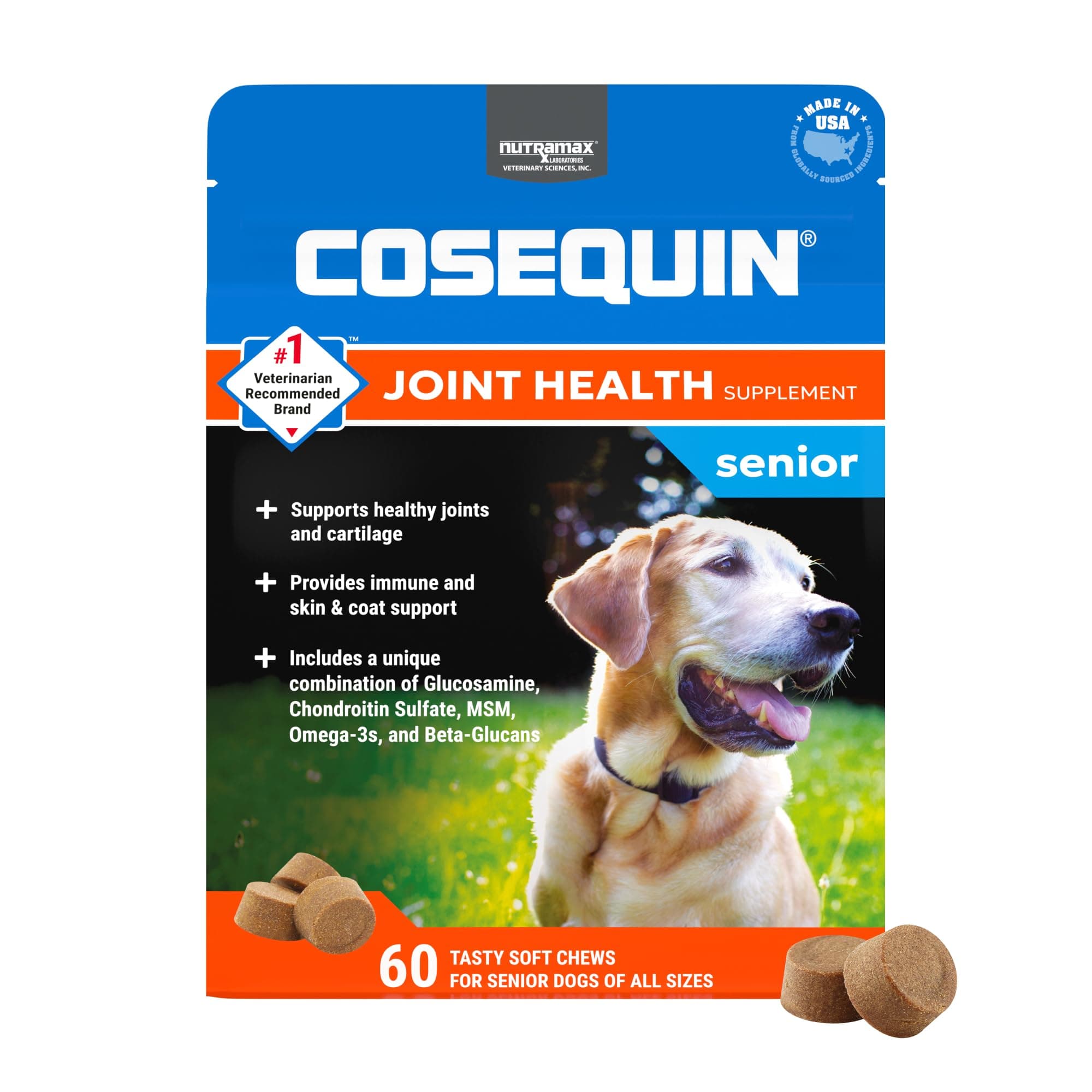 Nutramax Cosequin for Senior Dogs Joint Health Supplement, Contains Glucosamine for Dogs, Chondroitin, MSM, Omega-3s and Beta-Glucan, Supports Joint, Skin and Coat, Immune Health, Soft Chews, 60 Count