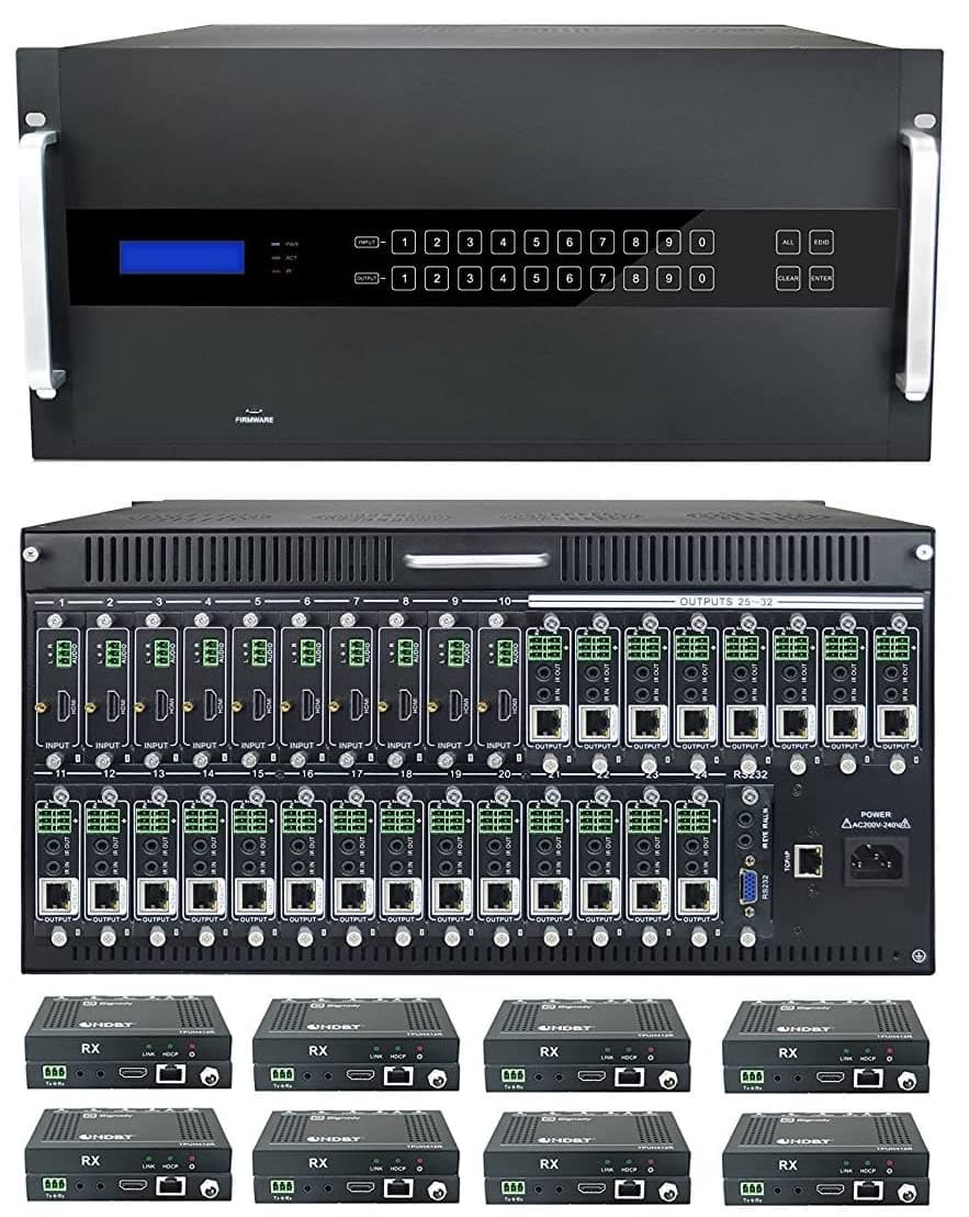 16x16 HDbaseT HDMI 4K 60hz Modular Matrix SWITCHER with16 Receivers (CAT5e or CAT6) HDMI HDCP2.2 HDTV Routing SPDIF Audio CONTROL4 Savant Home Automation HOT SWAPPABLE VGA Microphone Card