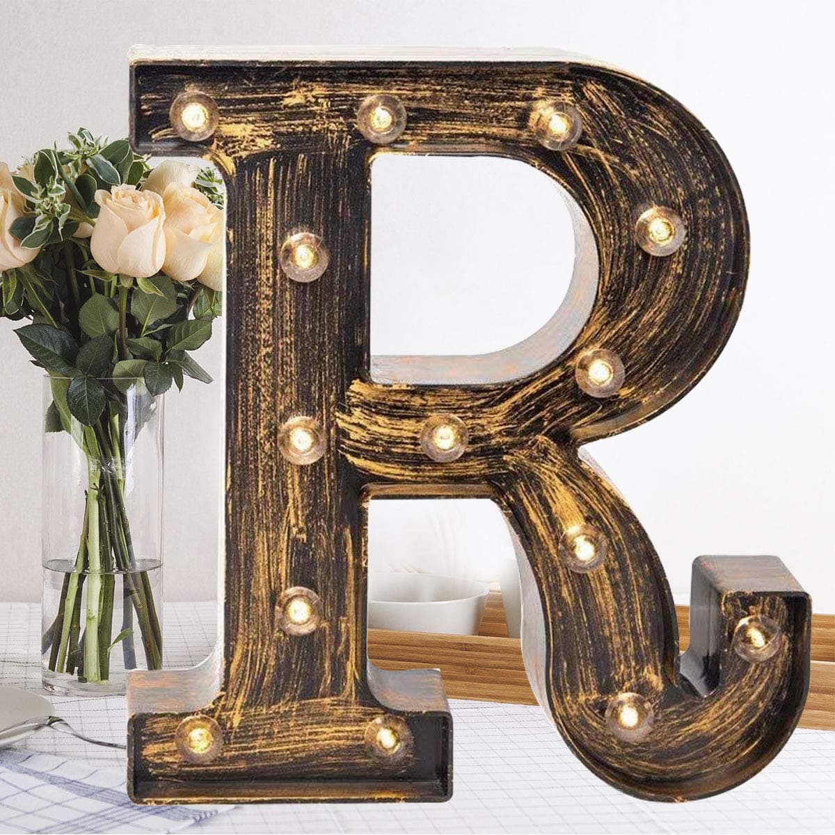 Golden Black Led Marquee Letter - Industrial, Vintage Style Light Up Alphabet Letter Sign for Cafe Wedding Birthday Party Christmas Lamp Home Bar Initials Decor - R