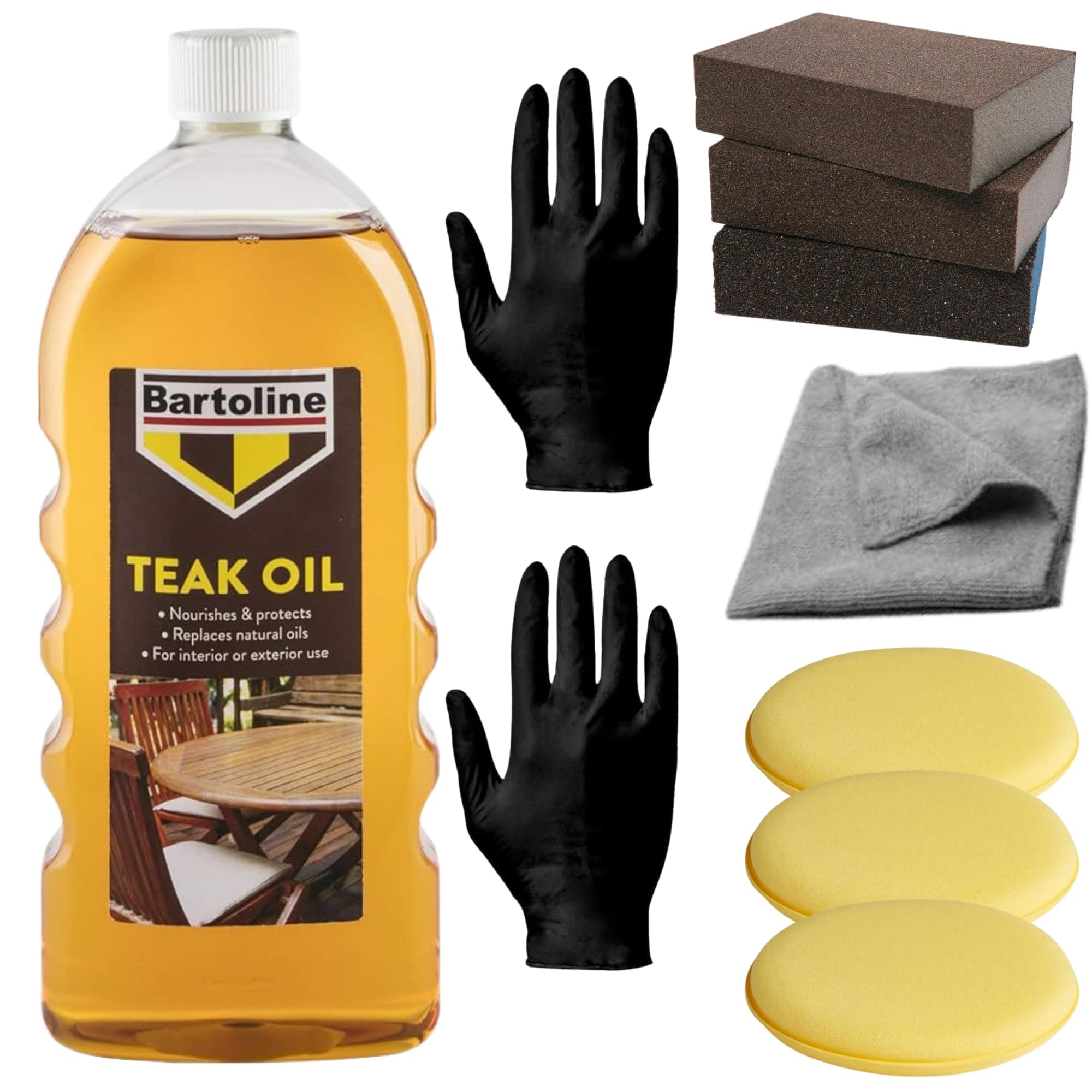 Bartoline Teak Oil Bundle - Teak Oil for Garden Furniture with Applicator Pads, Sanding Blocks, Microfiber Cloth, and Gloves - Perfect Wood Oil and Wood Sealer for Indoor & Outdoor Use