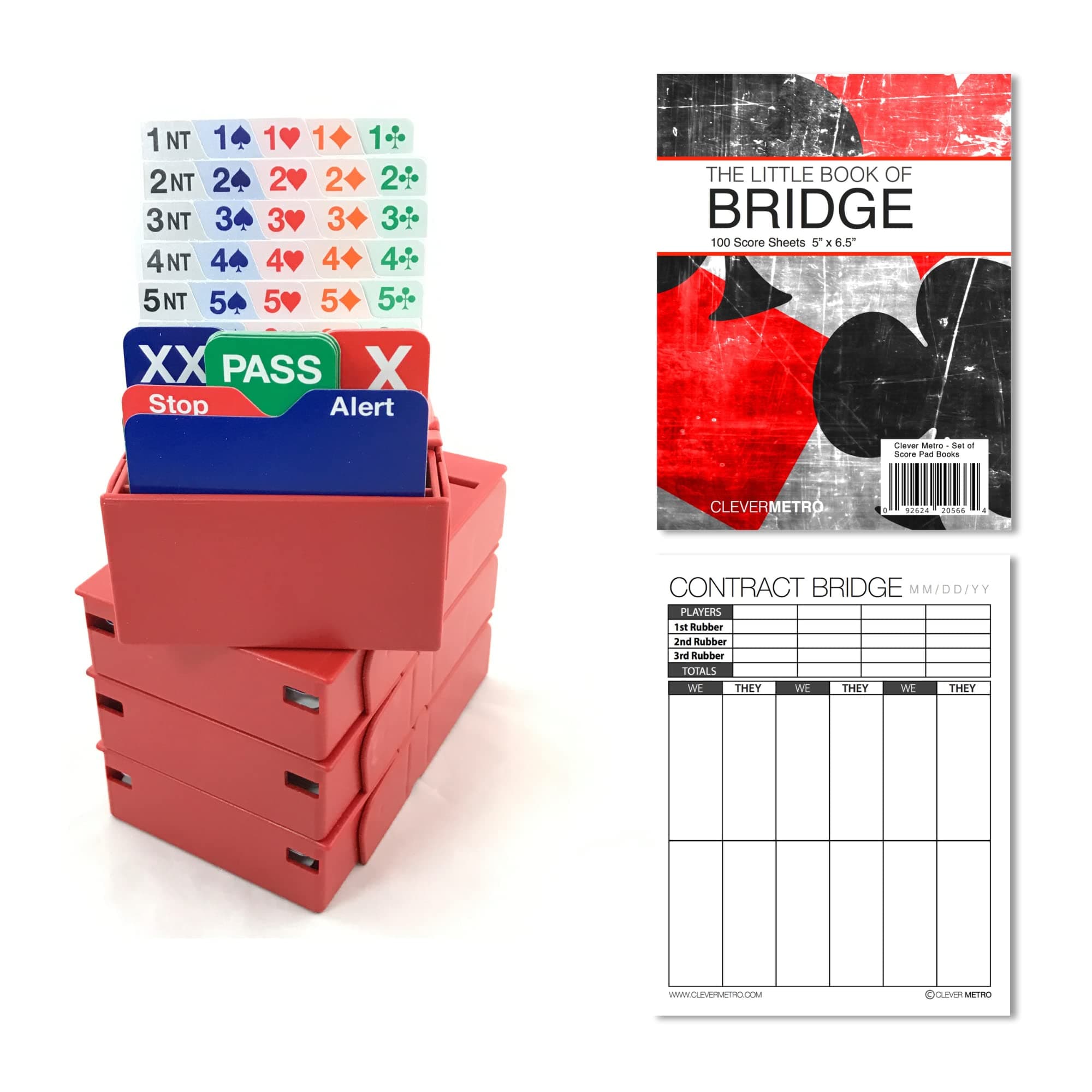 Jannersten Bid Buddy (Red) - Set of 4 Bridge Bidding Boxes with Cards + 200 Contract Bridge Score Sheets
