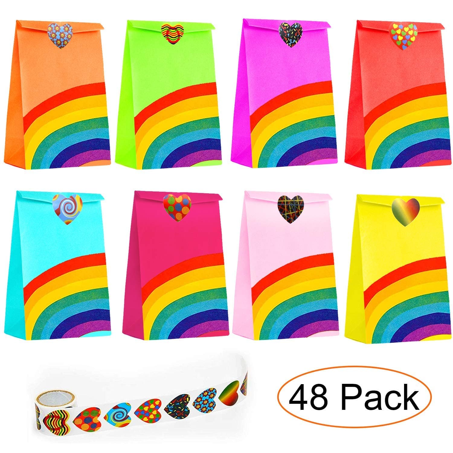 48pcs Rainbow Party Favor Bags Small Gift Gags Bulk Kraft Paper Party Gift Bags for Kids Birthday Party Favor Candy Gift Bags with 50 Stickers