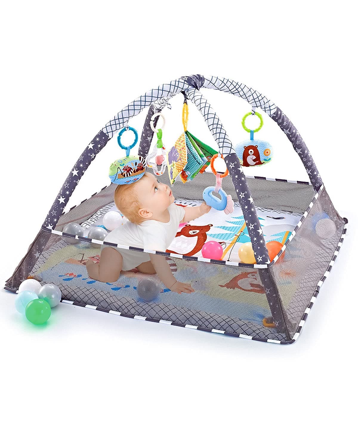 Baby Play Gym, Baby Play Mat Newborn with 5 Hanging Toys and 18 Ocean Balls, Lightweight Foam Stand Washable Soft Cotton Base, Playmats & Floor Gyms for 0-24months, with Carry Bag (80x80x55cm)