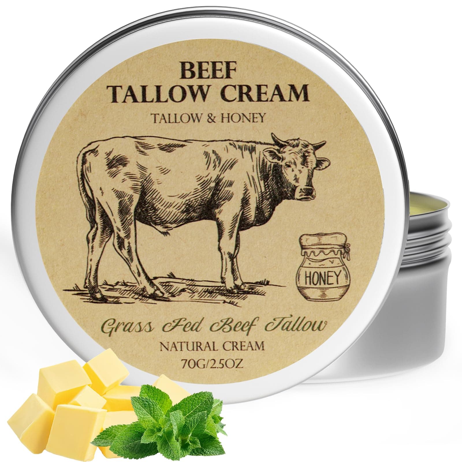 Beef Tallow for Skin, Tallow and Honey Balm,Tallow Face Moisturizer, Natural Grass-Fed Beef Tallow Balm with Raw Honey Moisturizing Cream for Body Lotion Skin Care