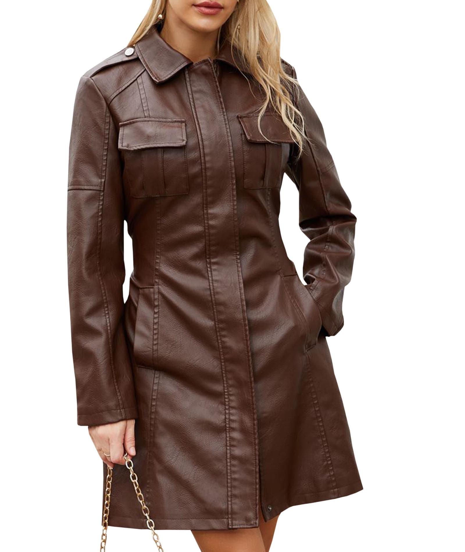 Women's Mid Length Faux PU Leather Trench Coat Long Sleeve Zip Up Lapel Long Jacket Overcoat with Belt