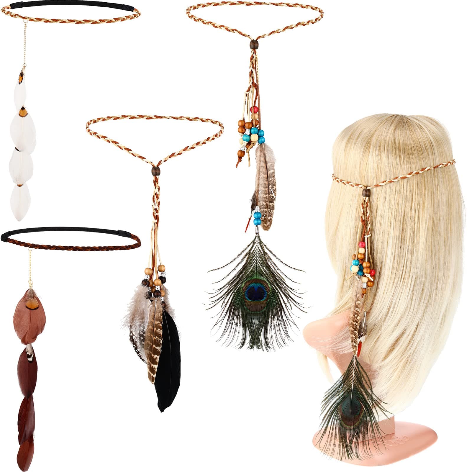 4 Pcs Feather Headbands Hippie Hair Accessories for Women Boho Indian Hair Bands Peacoak Tassel Headdress Gypsy Headpieces Party Headwear Festival Costumes for Women and Girls
