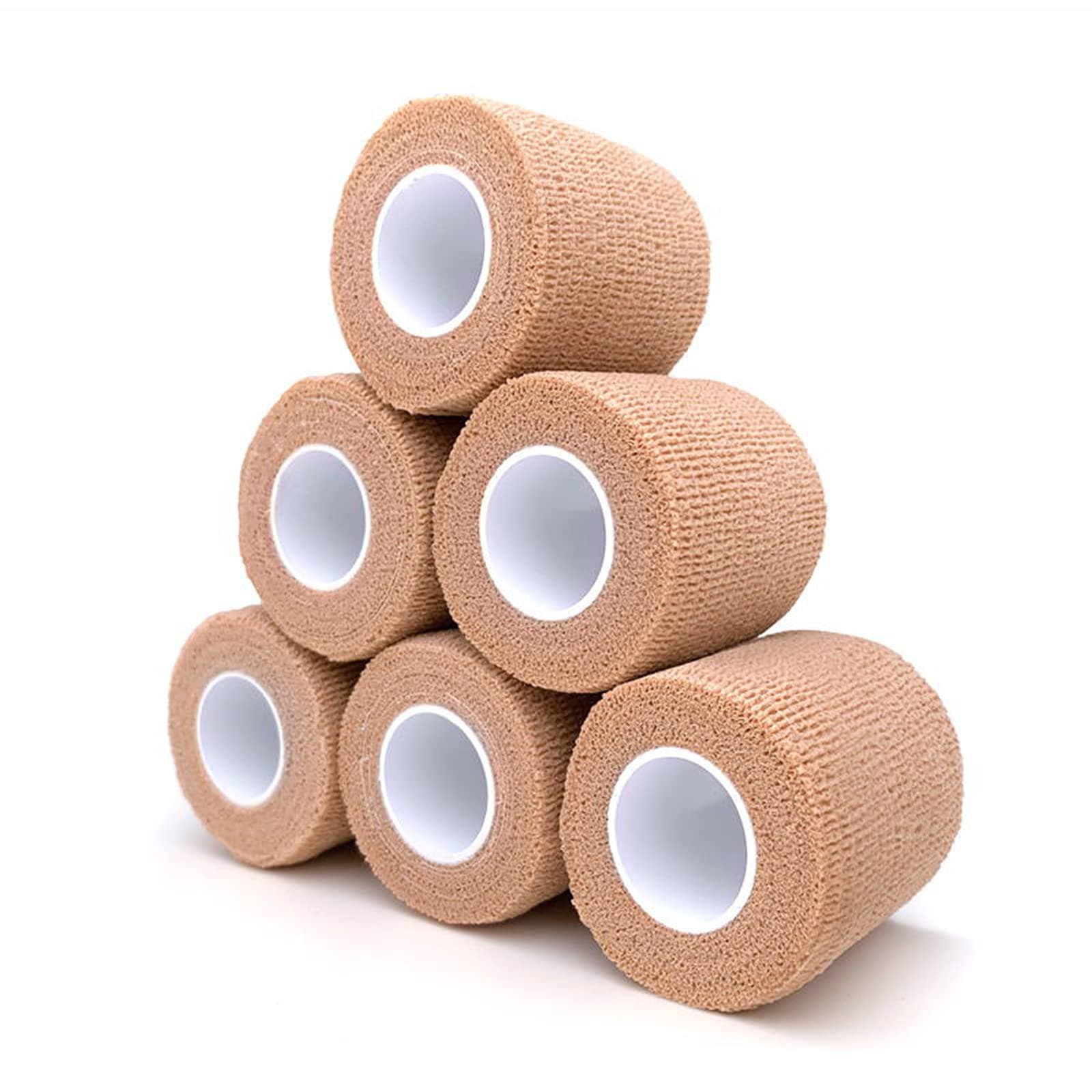 RISENSelf Adhesive Bandage Wrap 6 Pack,2”x 5 Yards Medical Tape,Gauze Rolls First Aid Vet Wrap Cohesive Bandages for Sports,Dogs Pet (Tan)