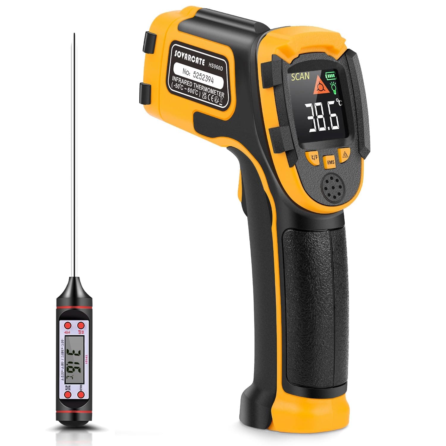 Infrared Thermometer -58℉~1112℉(-50℃~600℃) Non-Contact Laser Temperature Gun Digital Adjustable Emissivity IR Temp Gun - for Cooking, BBQ, Food, Fridge, Pizza Oven, Engine - Meat Thermometer Included