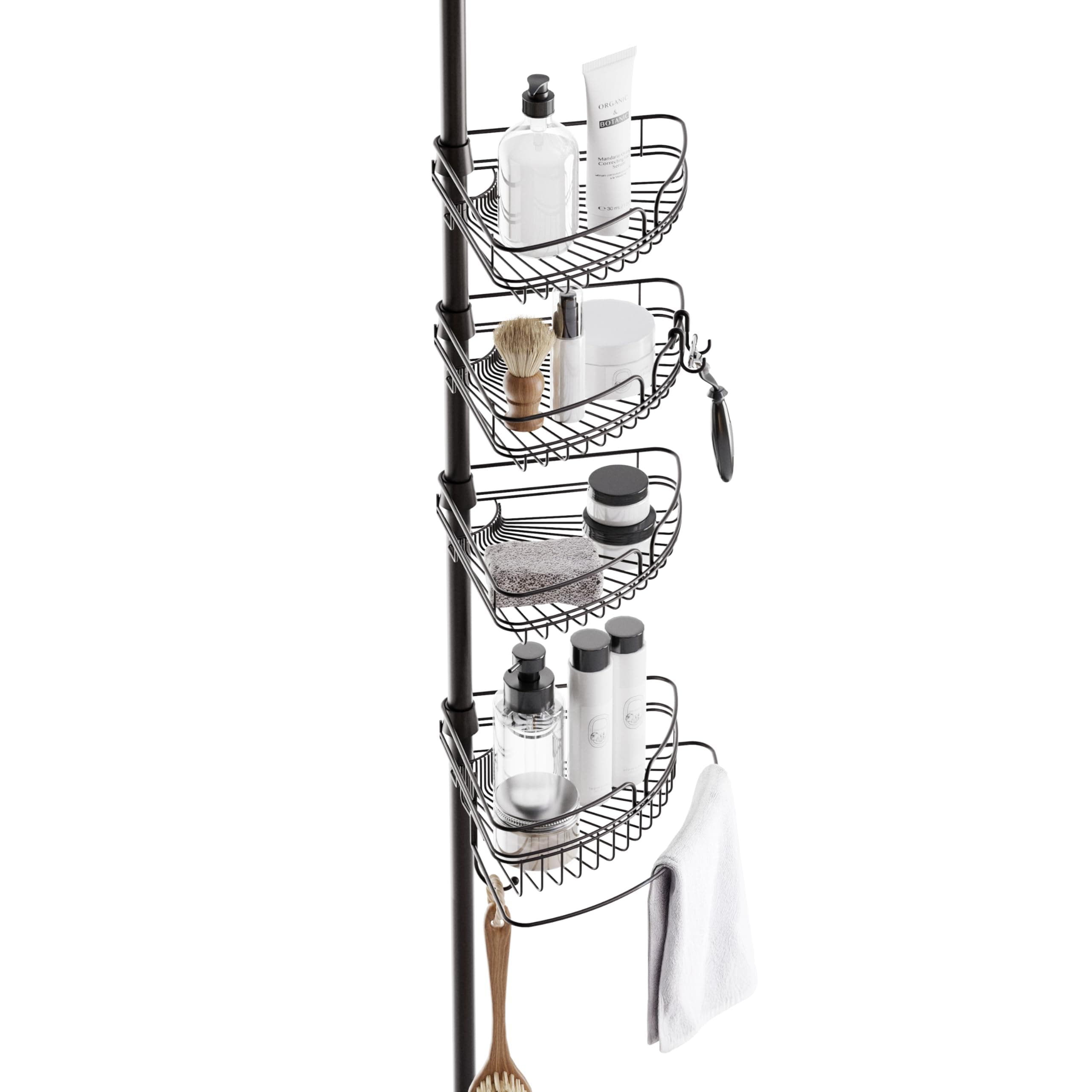 Zenna Home Tension Pole Shower Caddy Corner Organizer, Adjustable Standing Shower Caddy with 4 Baskets and Built in Towel Bar, Rust Resistant Bathroom Tension Rod Organizer, 60 to 97 Inch, Bronze
