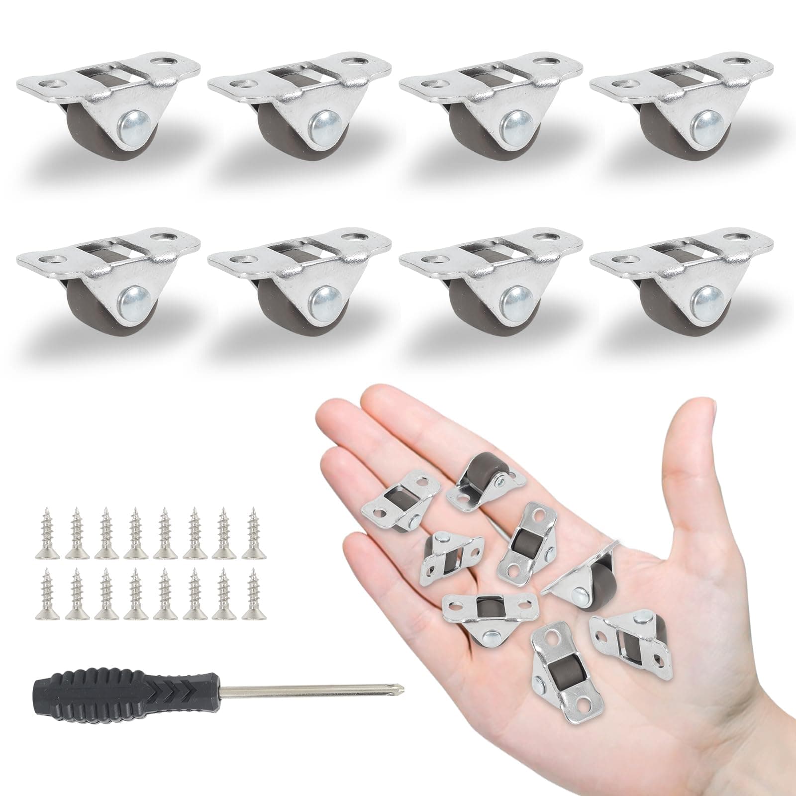8Pcs 1/2 Inch Mini Caster Wheels Low Profile, Self Adhesive Single Direction Tiny Wheels, Little Rubber Rolling Wheels with Steel Top Plate for Small Appliances,Furniture(Non Swivel)