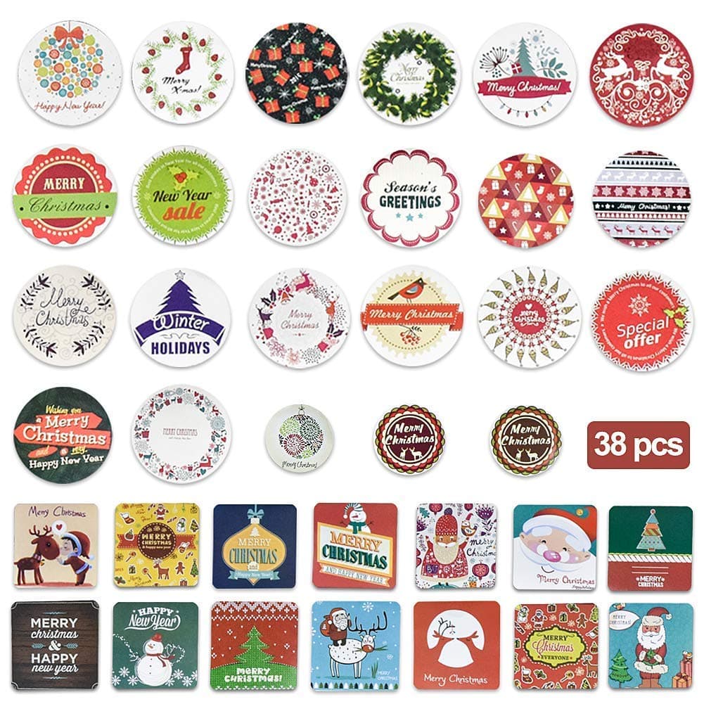 Christmas Holiday Stickers Self-Adhesive Cartoon Sticker,Xmas Stickers with 3 Different Sizes for Decorate Envelopes Gifts Tags Crafts Windows,38 pcs Waterproof Christmas Stickers for Kids